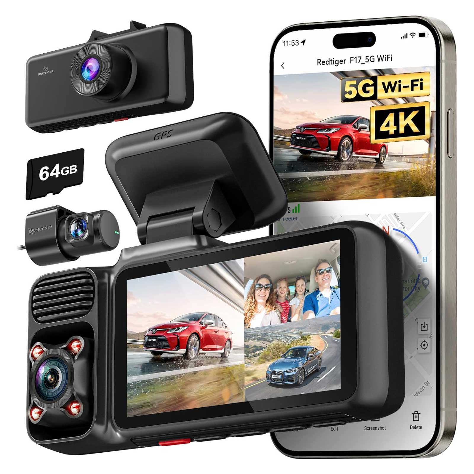Een smartphone toont een dashcam-app met 4K-video en GPS-kaart.
