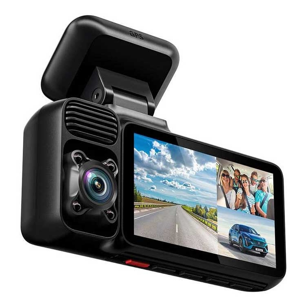 Een zwarte GPS dashcam monitor toont een weersgegeven, een gezin in een auto en een blauwe auto.