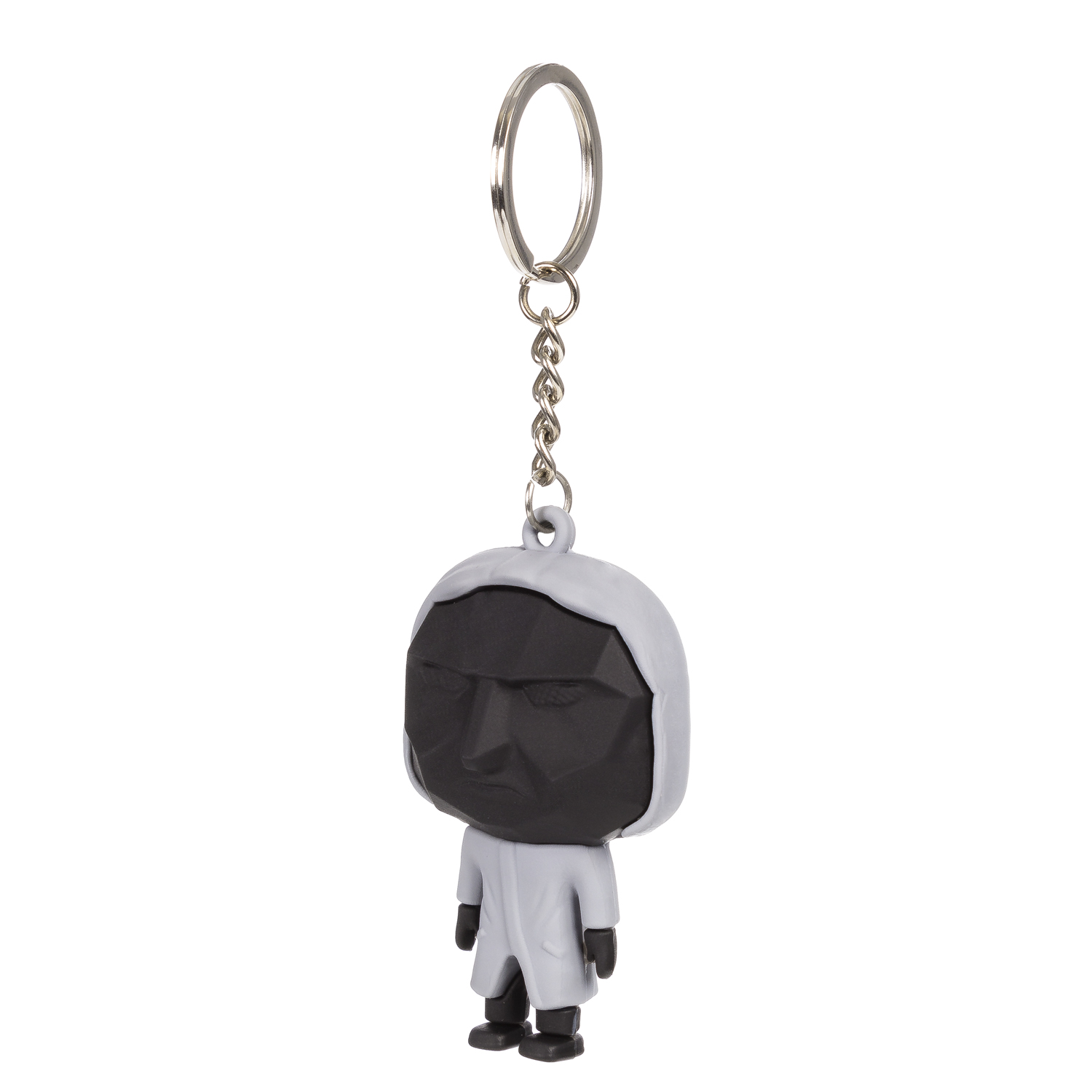 Llavero con figura de traje gris y máscara negra.