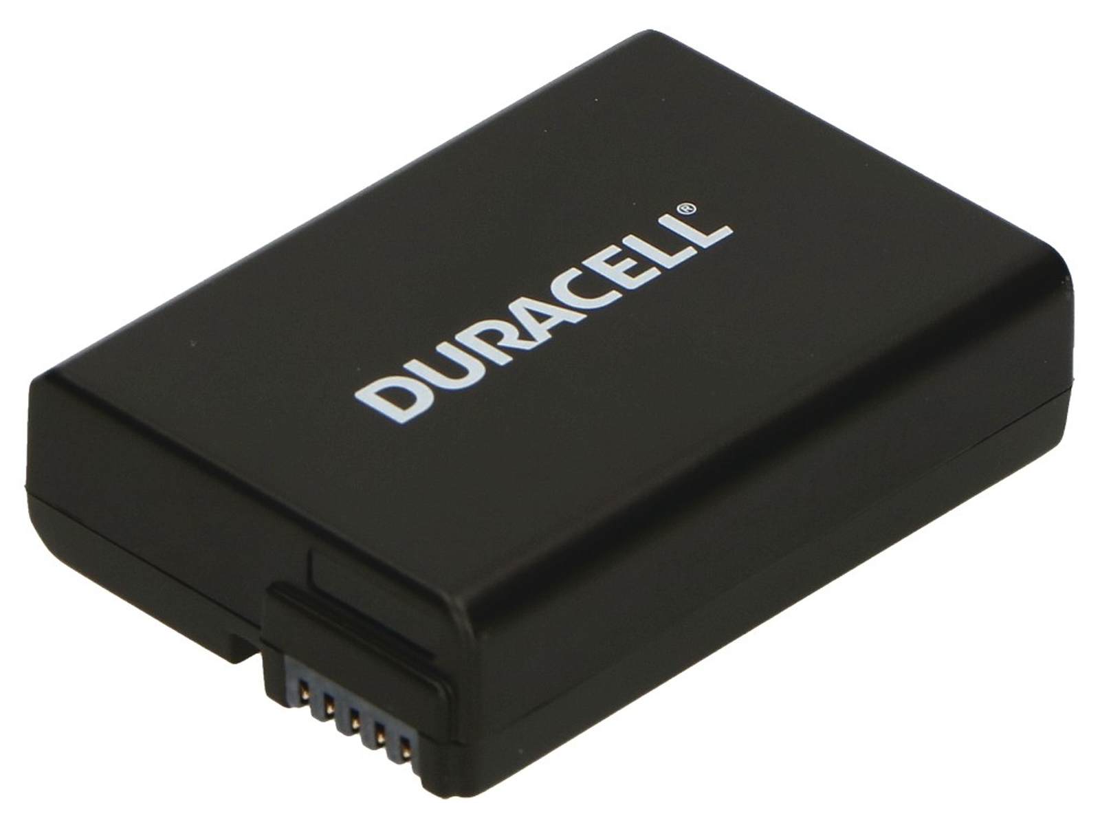 Schwarzer Duracell Akku mit weißen Logo und Anschlusspins.