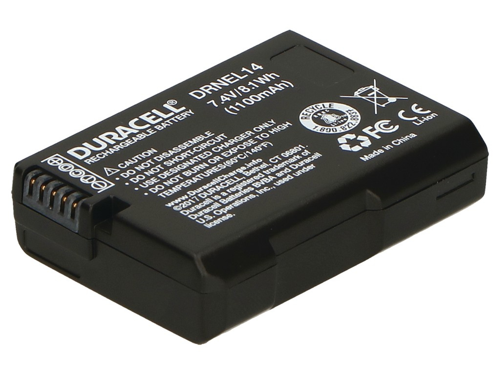 Schwarzer Duracell DRNEL14 Akku mit 7,4V, 8,1Wh, 1100mAh und Ladekontakten.