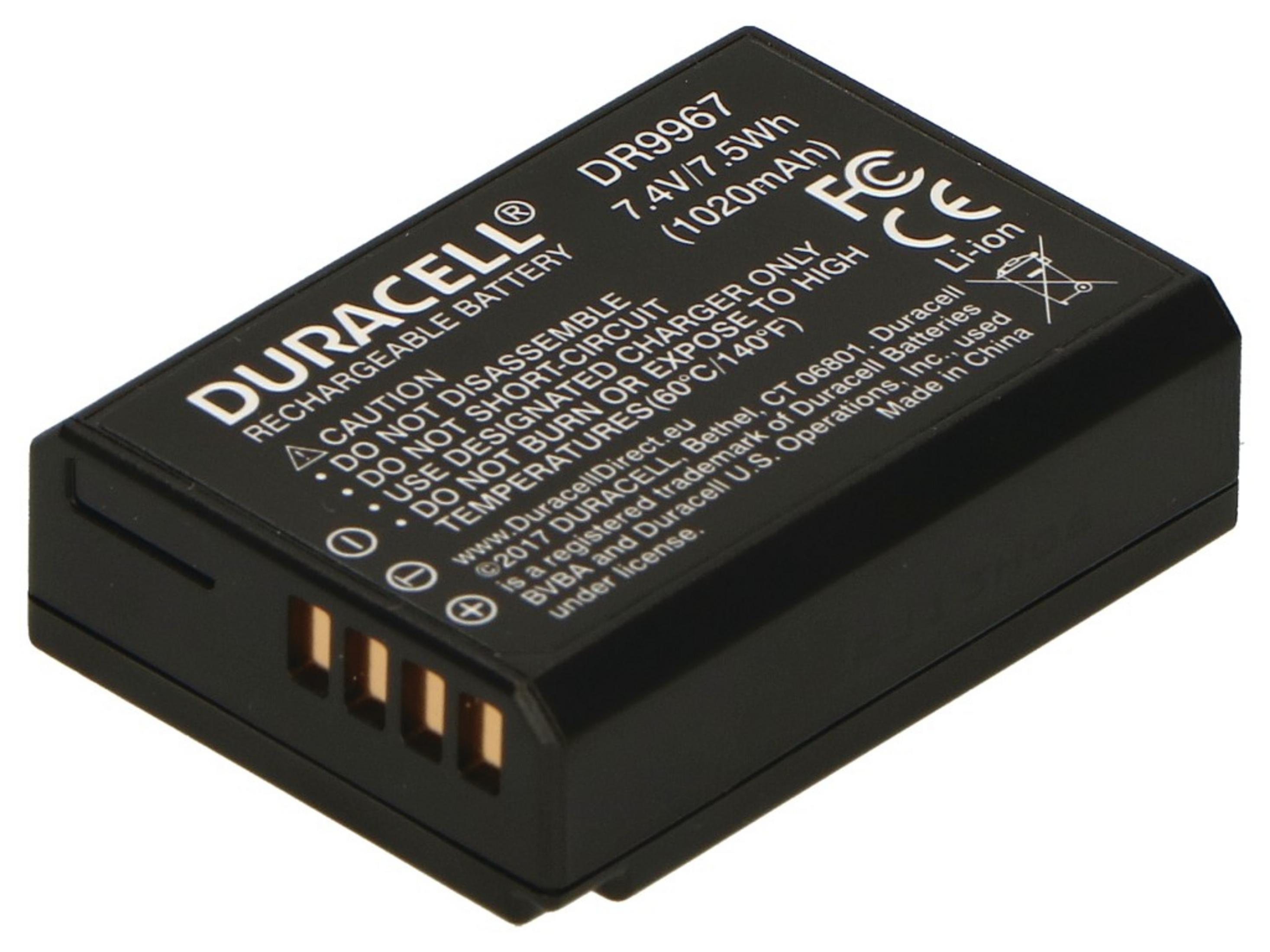 Schwarzer Duracell Akku mit Modell DR9967 und technischen Daten.