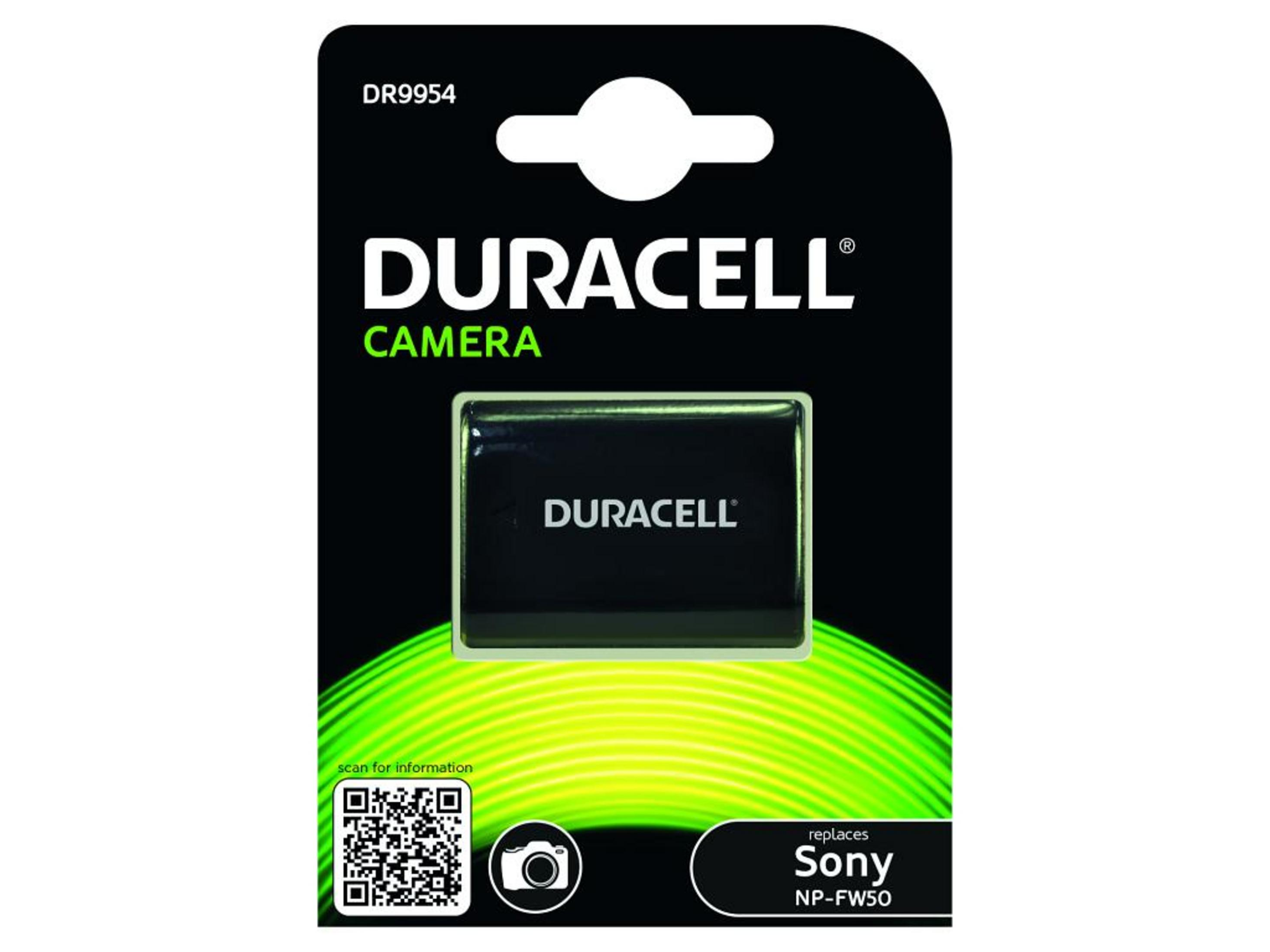Duracell Kamera-Akku DR9954 ersetzt Sony NP-FW50. Schwarz mit Logo.