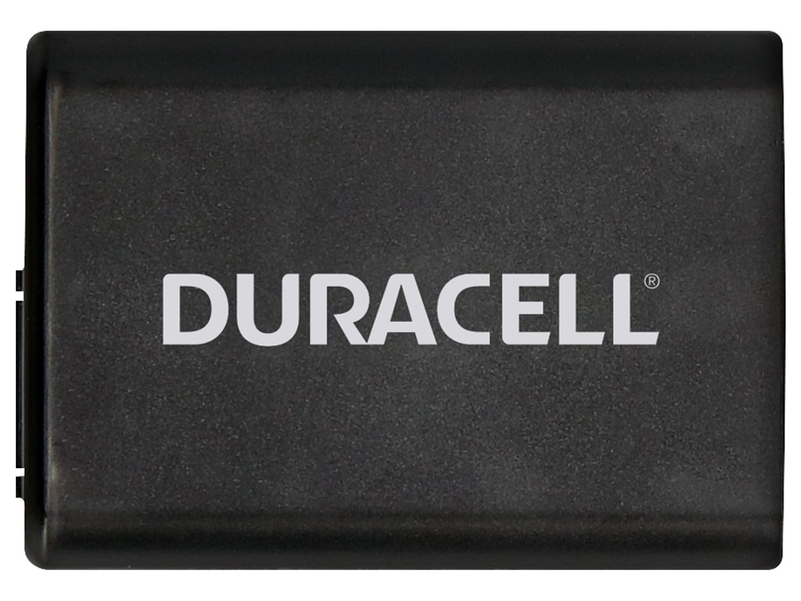 Schwarzer Duracell-Akku mit weißem Logo und Registrierungszeichen.