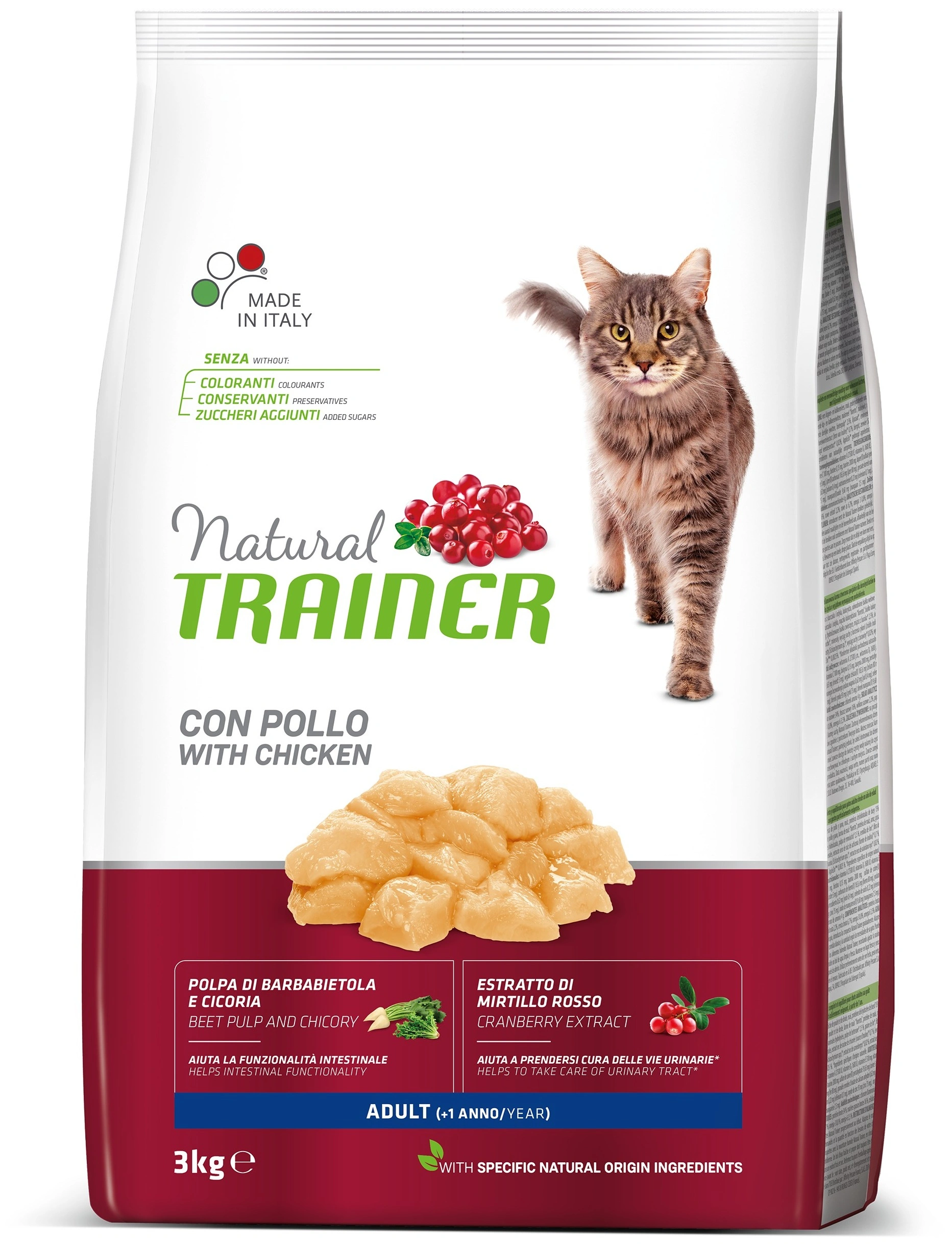 Bolsa de comida para gatos con pollo, bayas y imagen de gatito. Hecho en Italia.