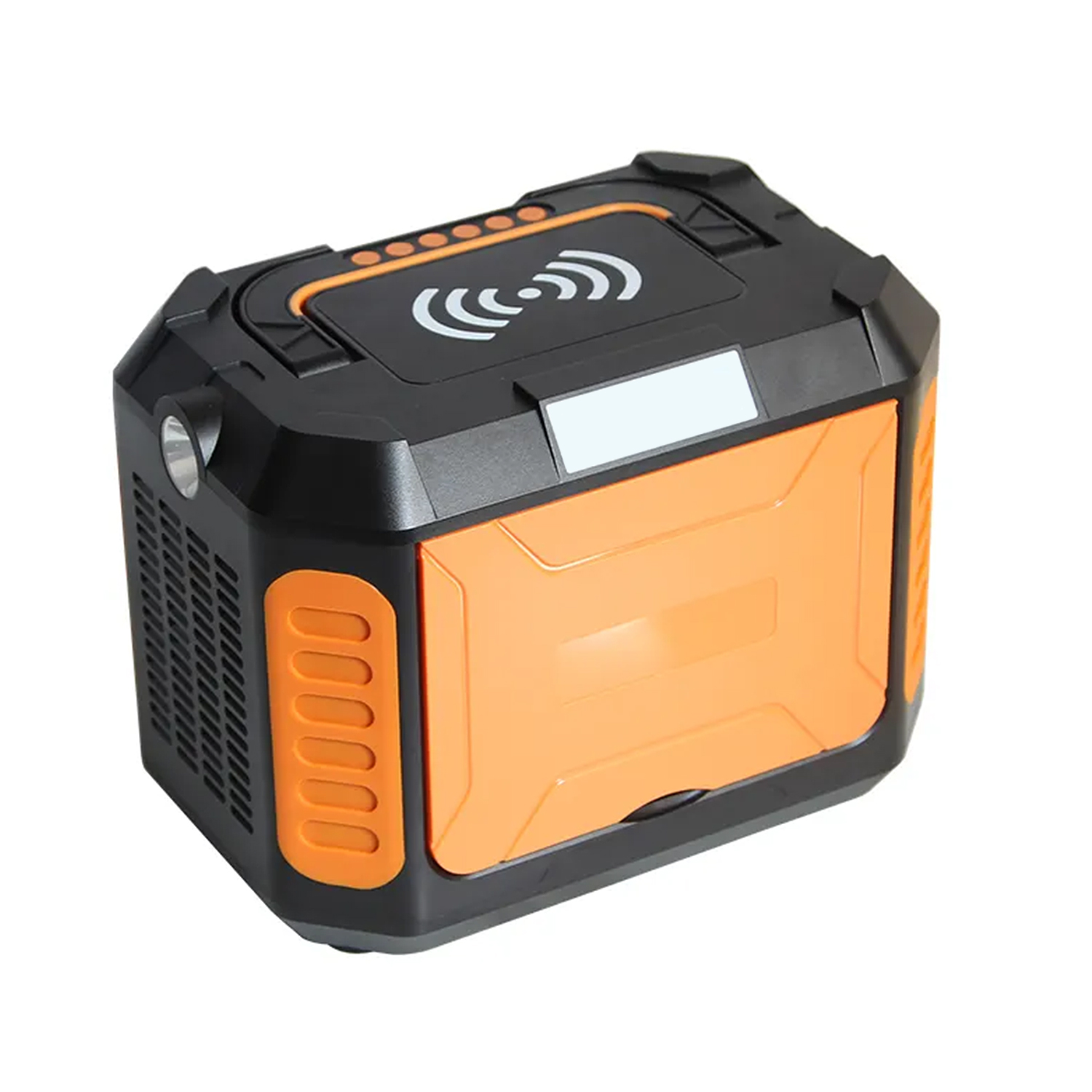 Estación de energía portátil negra y naranja con indicador de carga y carga inalámbrica.