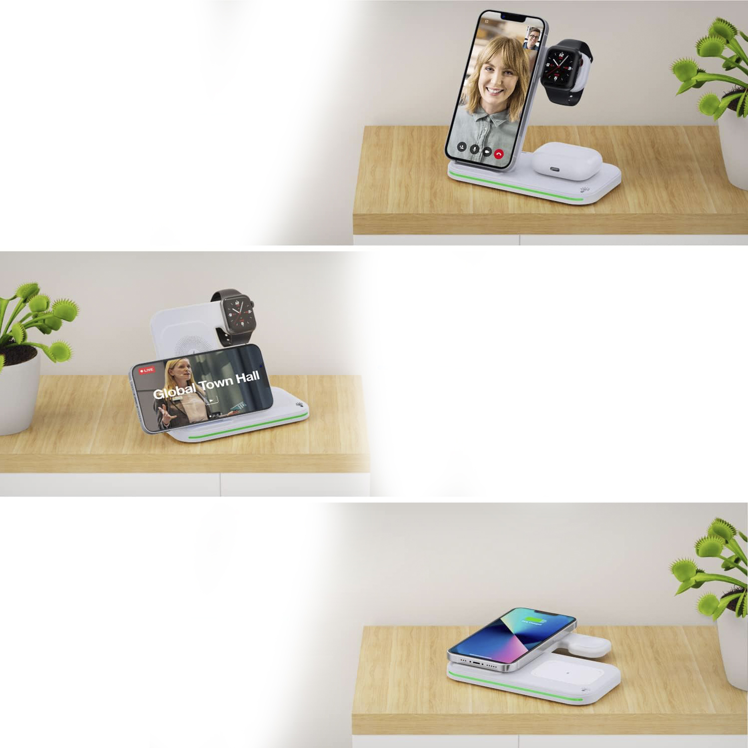 Una base de carga blanca con teléfono, reloj y audífonos en mesa madera.