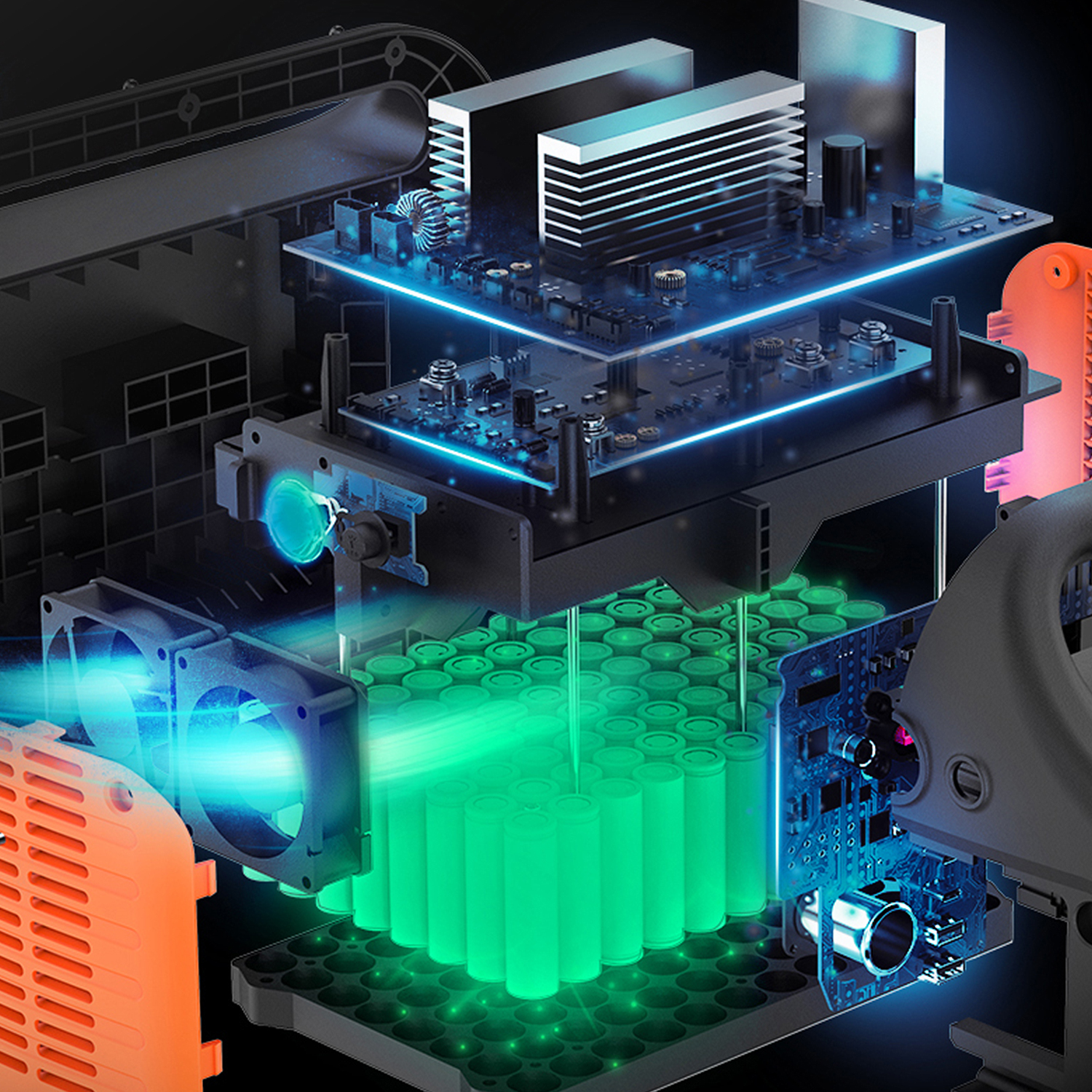 Vista interior de un dispositivo con baterías, placas y ventiladores, iluminado en azul y verde.
