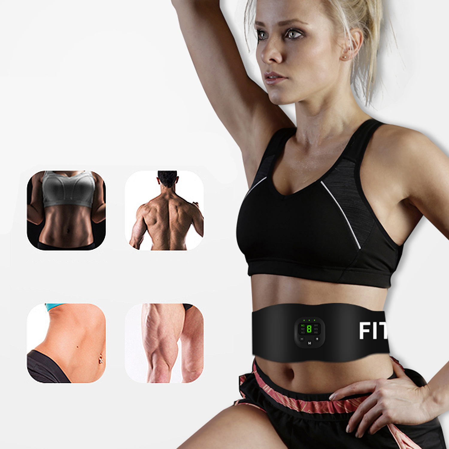 Mujer con cinturón de entrenador de abdominales, con cuatro imágenes de partes del cuerpo.