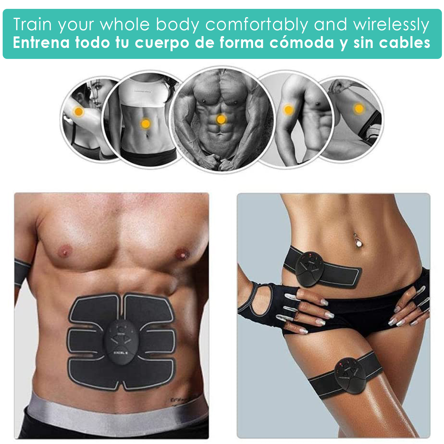 Dispositivo EMS en abdomen de hombre y muslos de mujer.