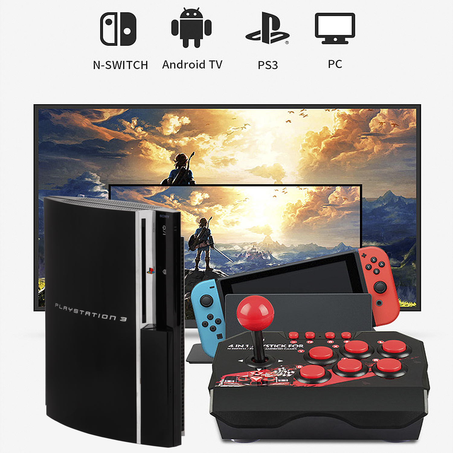 Iconos de PlayStation 3, mando, Switch, PC y Android TV.