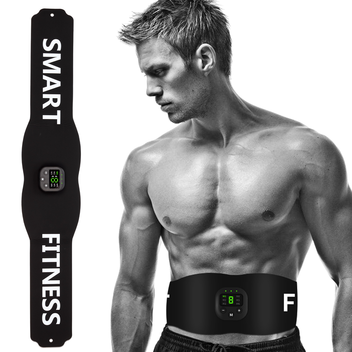 Un hombre musculoso lleva un cinturón negro de fitness con pantalla digital.