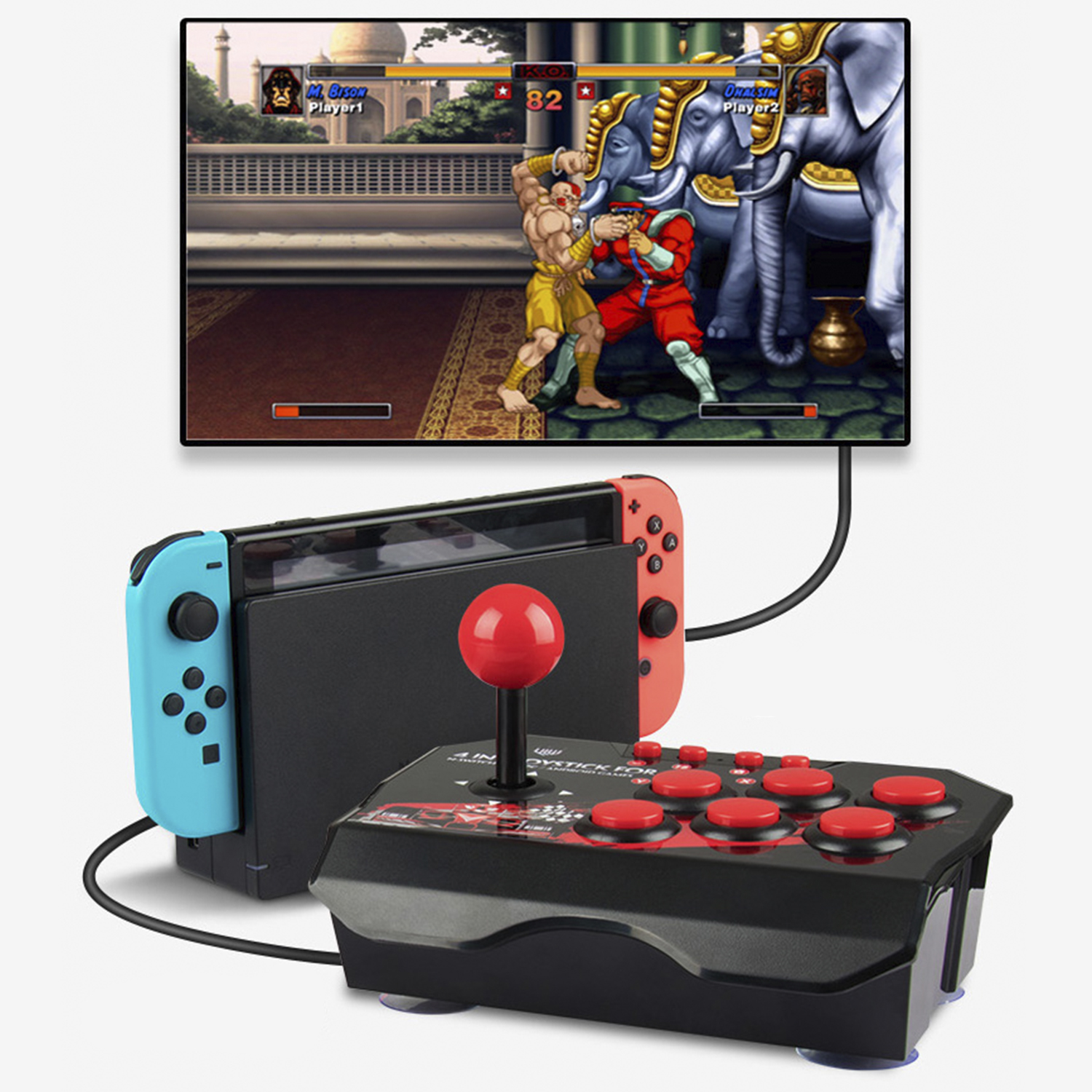 Una Nintendo Switch con un mando de joystick arcade juega a un juego de lucha con elefantes de fondo.