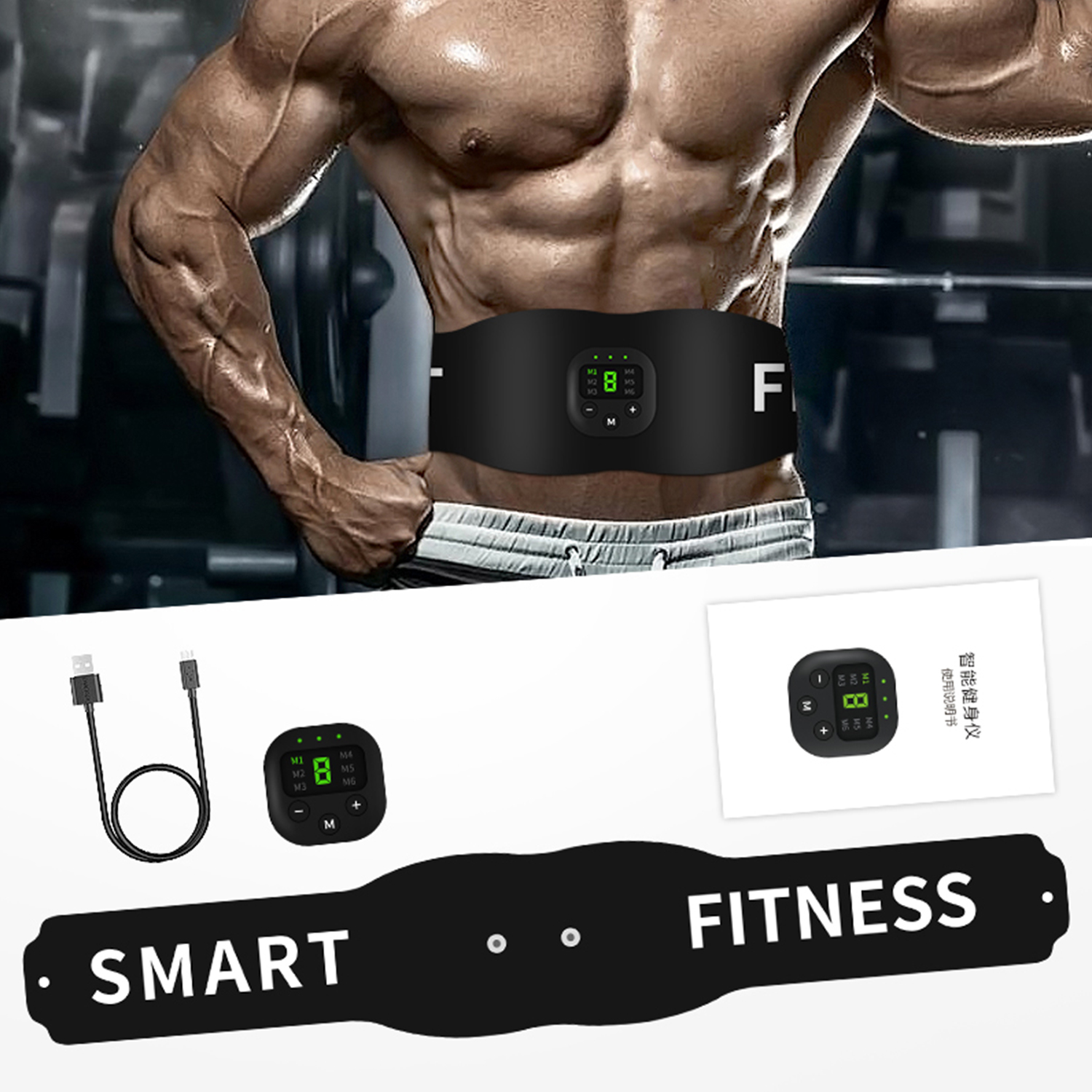 Un hombre musculoso lleva un cinturón EMS negro con pantalla digital para abs.