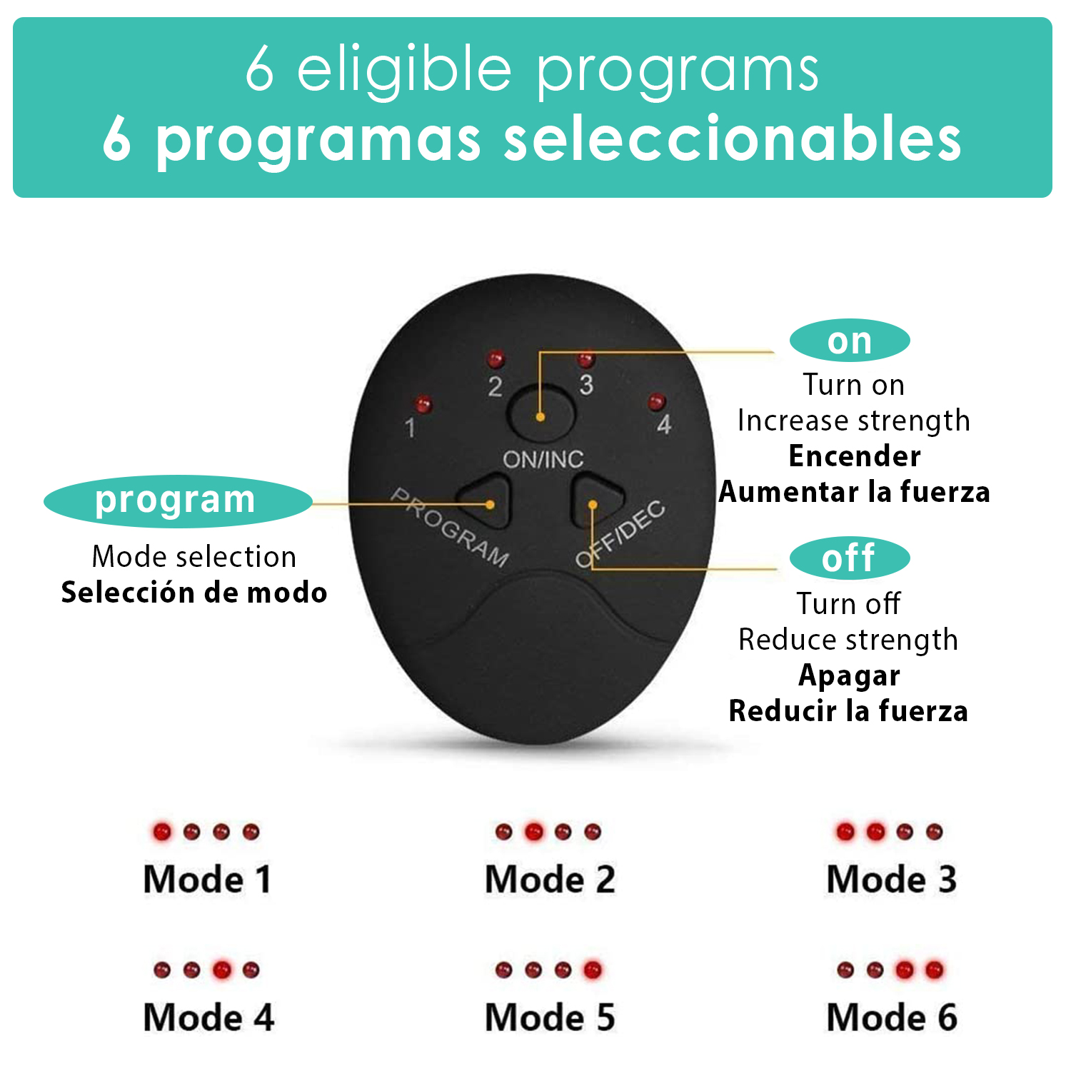 Un dispositivo EMS con 6 modos y botones de encendido/apagado para control.
