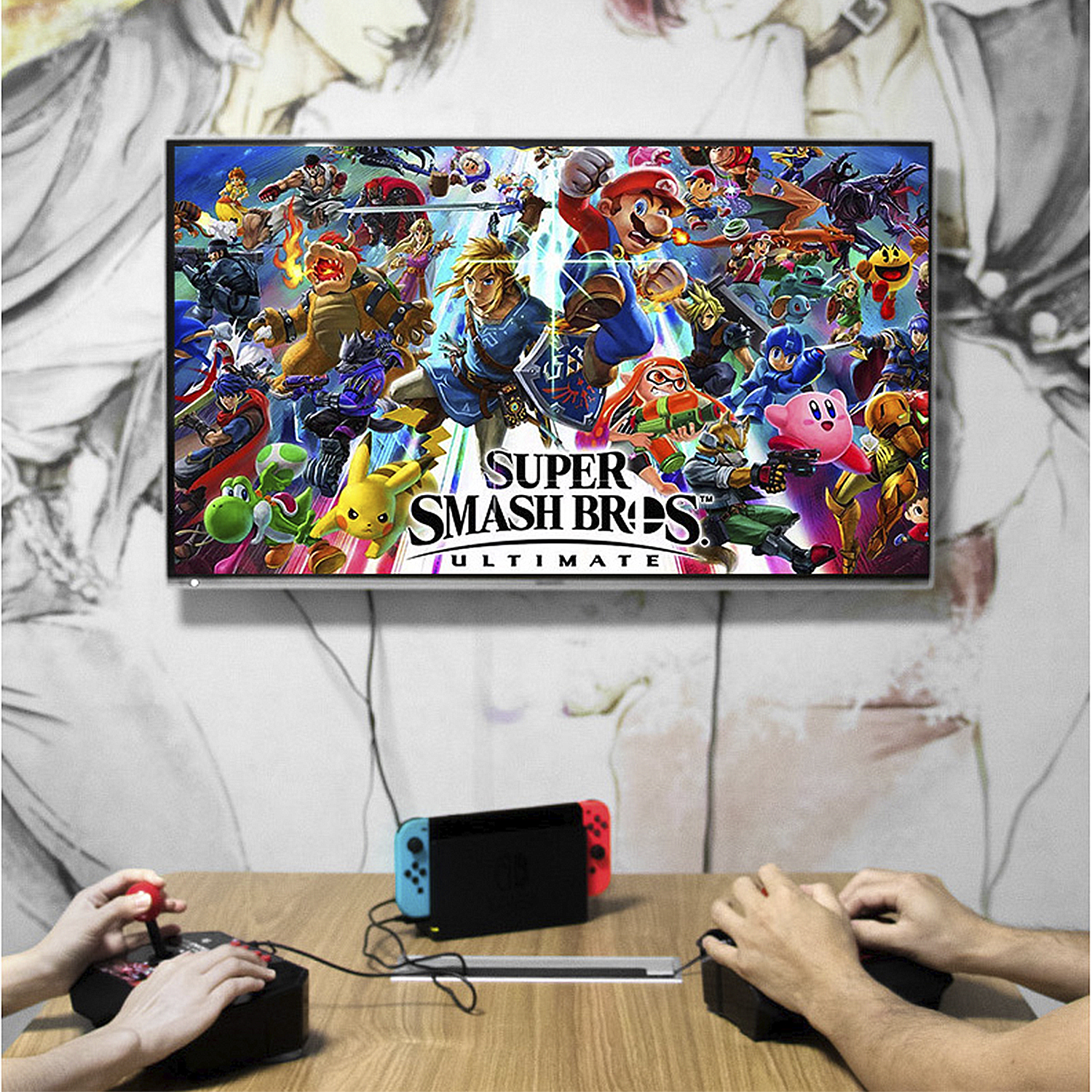 Super Smash Bros. Ultimate en TV, jugadores con mandos.