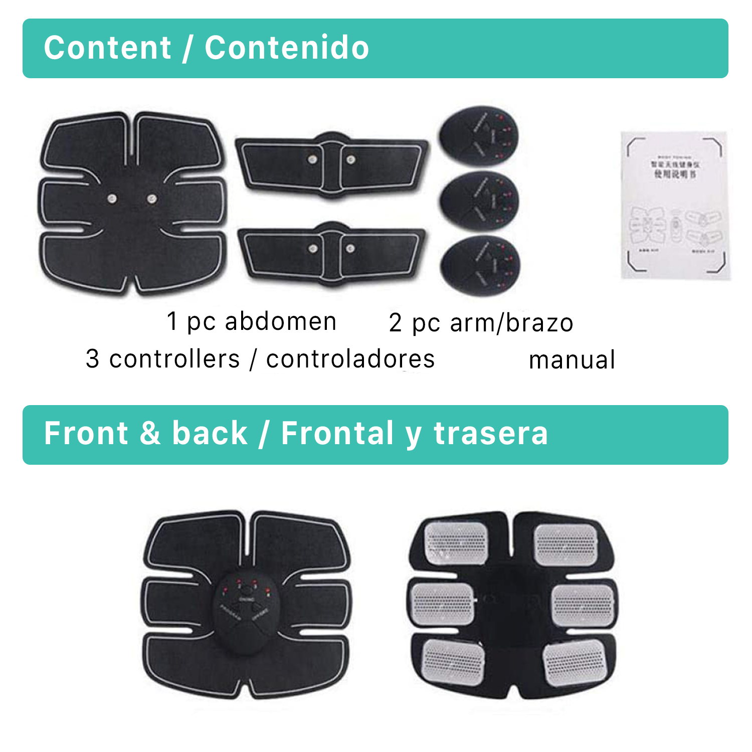 Dispositivo EMS: almohadillas abdominales, almohadillas para brazos, controladores y manual.