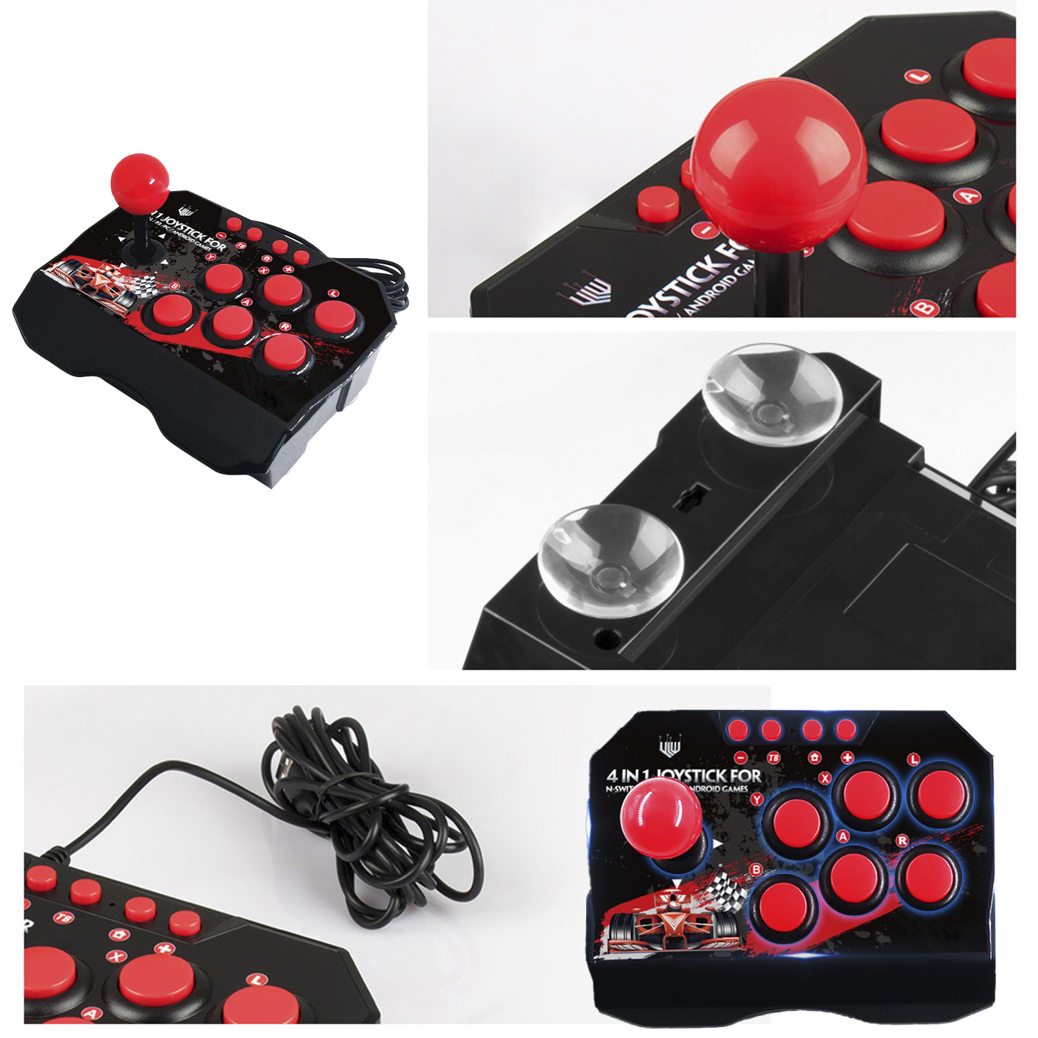 Un joystick negro con botones rojos y un joystick de bola roja. Diseño de coche de carreras.