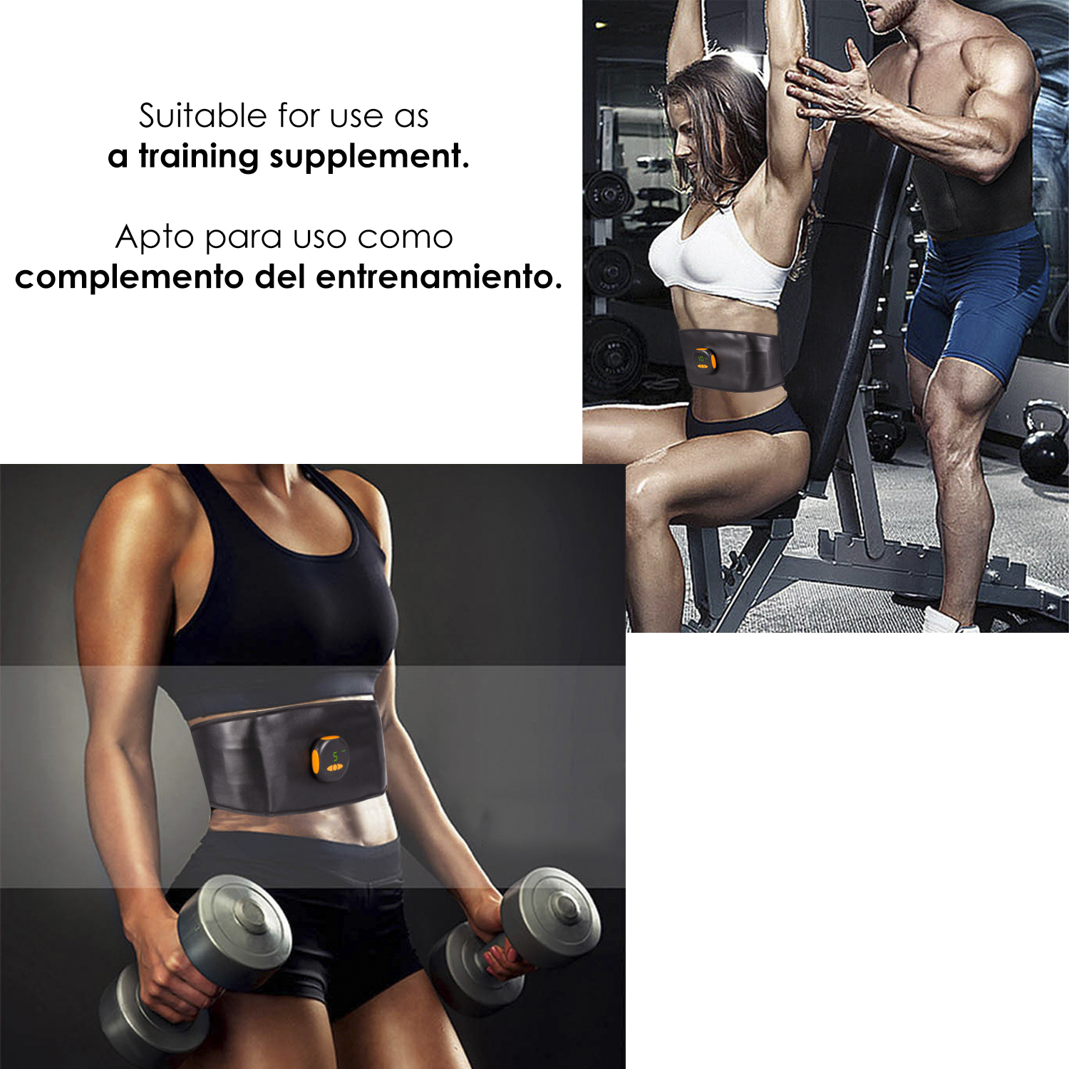 Mujer con entrenador abdominal y mancuernas, hombre asiste en gimnasio.