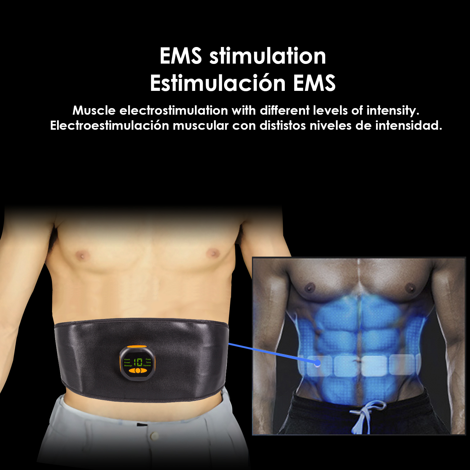 Cinturón EMS estimula abdominales, con superposición azul de músculos. Niveles.