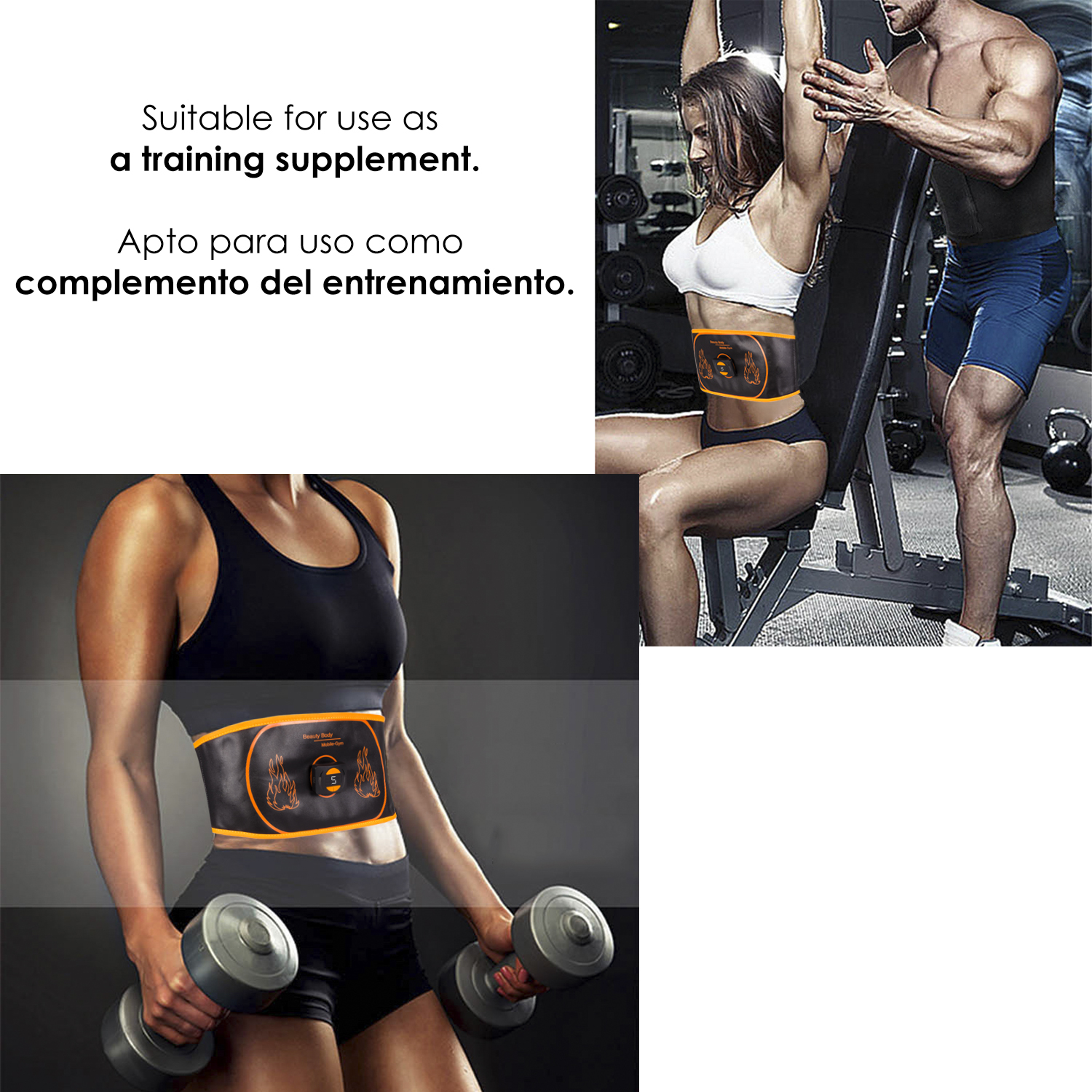 Mujer y hombre entrenando en gimnasio, mujer usa estimulador abdominal.