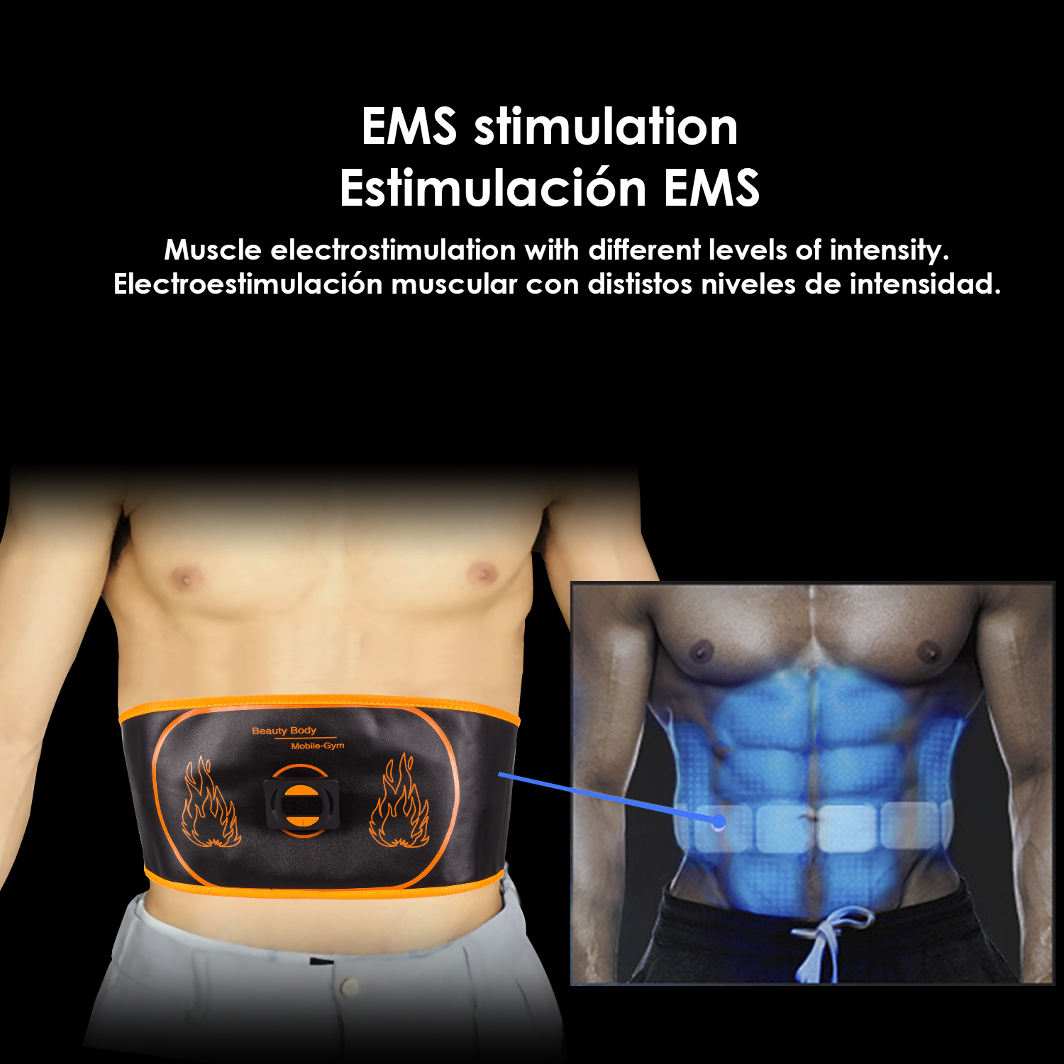 Hombre lleva cinturón EMS en abdomen, estimulando músculos.
