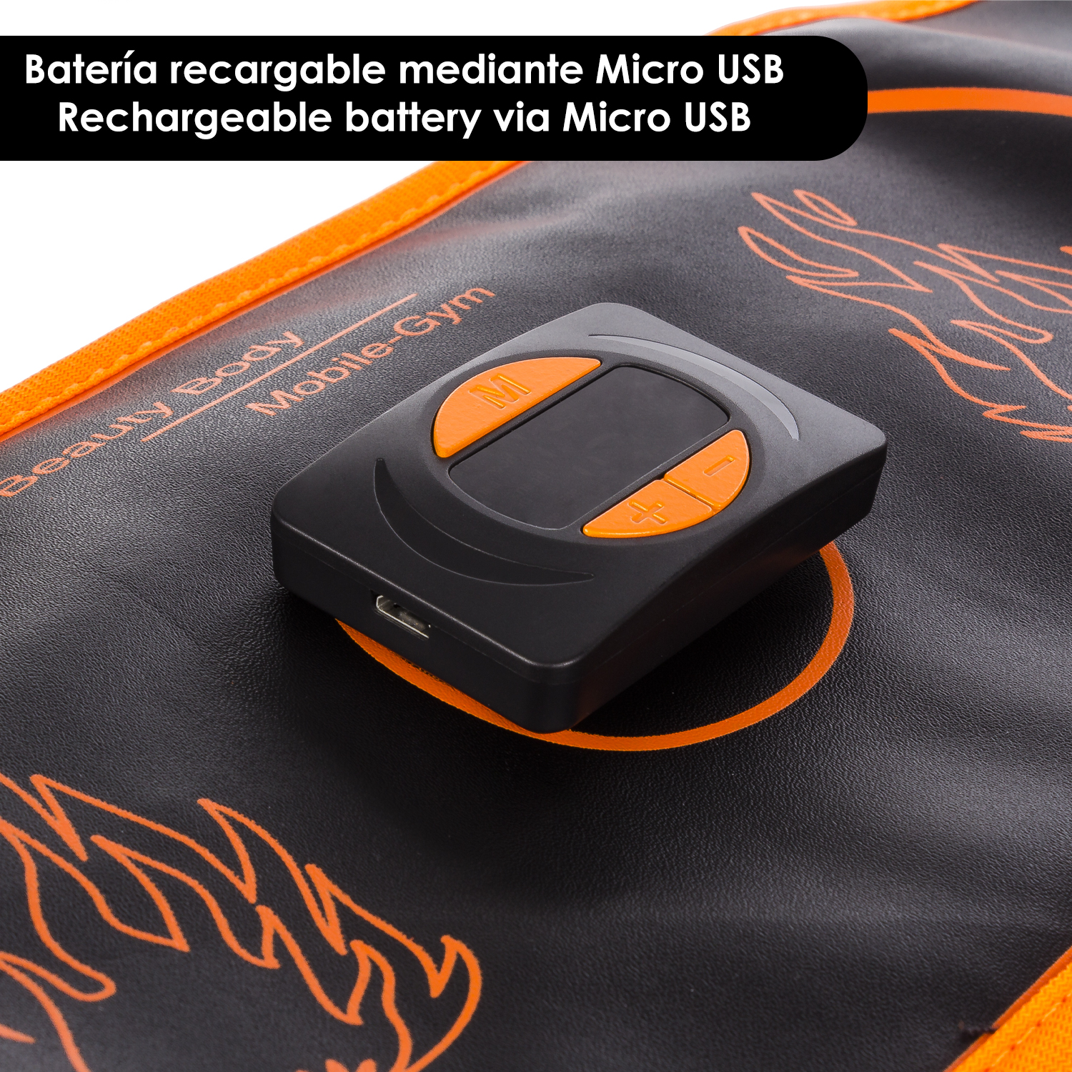 Masajeador negro con botones naranjas y puerto Micro-USB. Recargable.
