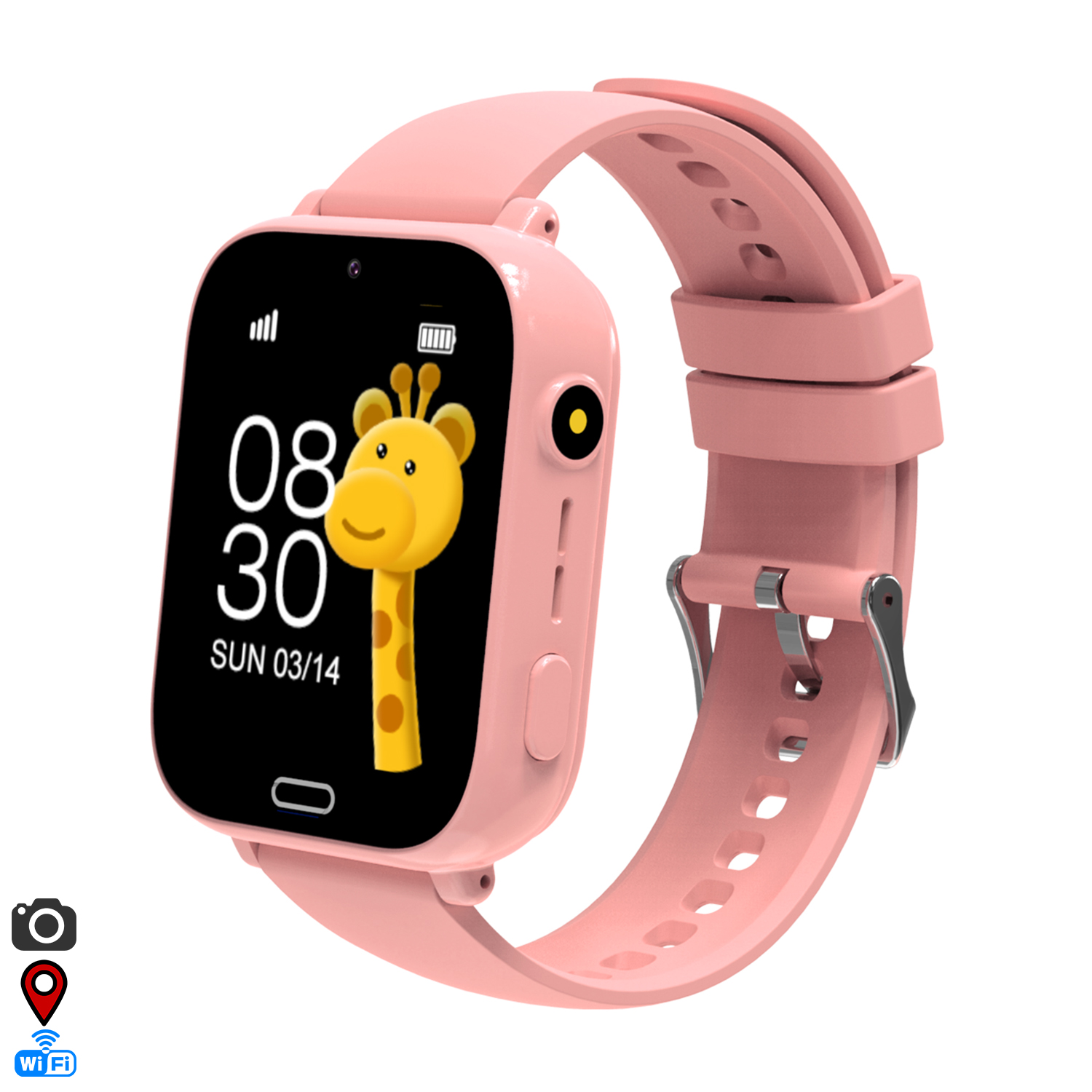 Uno smartwatch rosa per bambini che mostra le 08:30 con una grafica di giraffa.