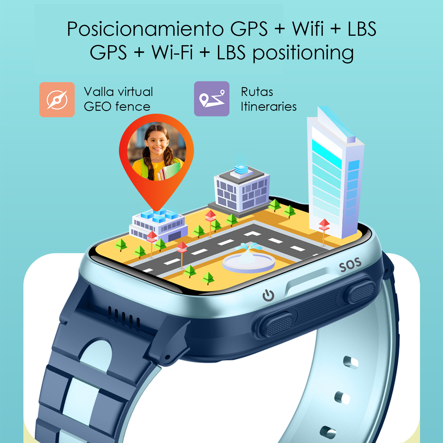 Smartwatch con mappa della città, bambino e icone per geo-fencing e itinerari.