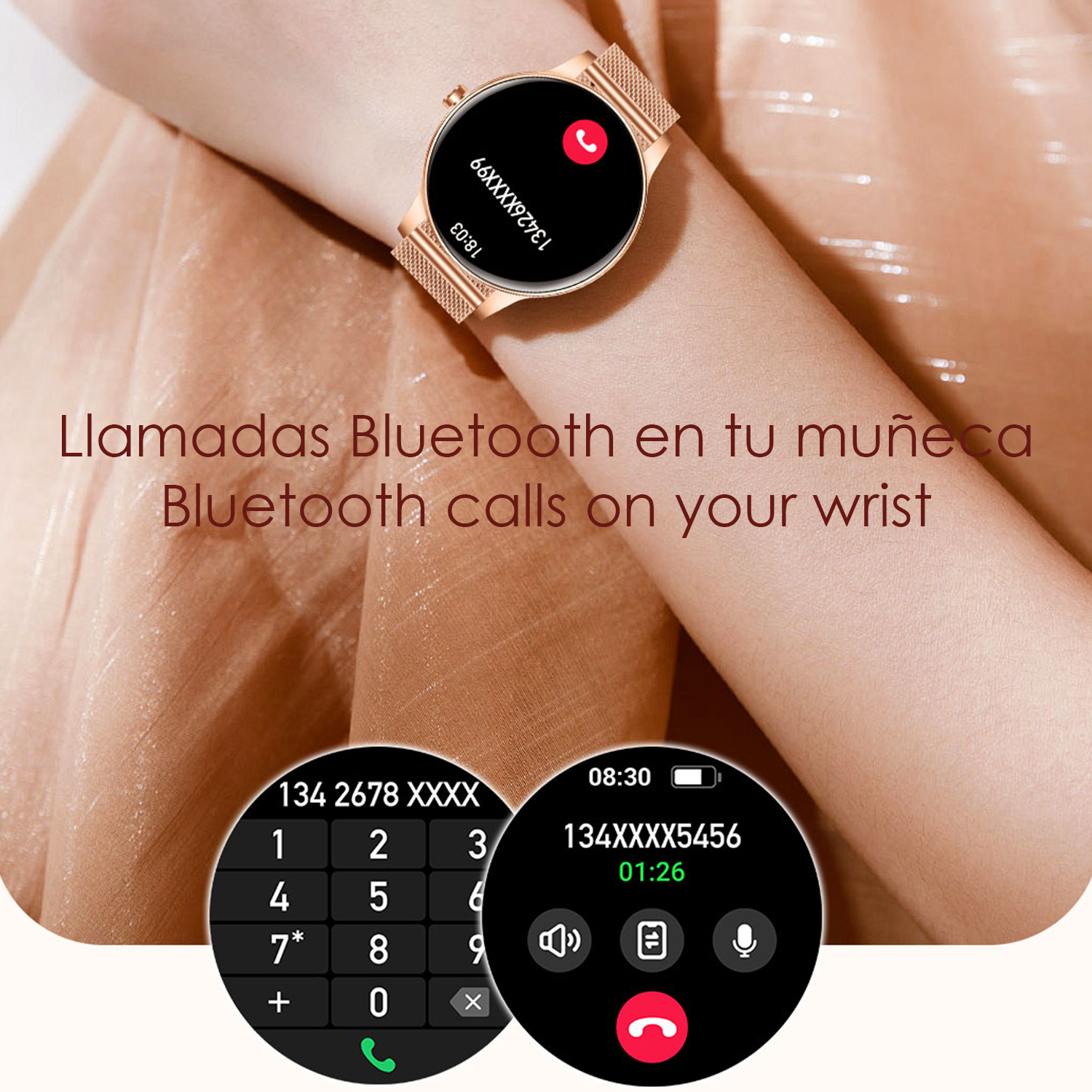 Uno smartwatch mostra una schermata di chiamata in arrivo e un tastierino.