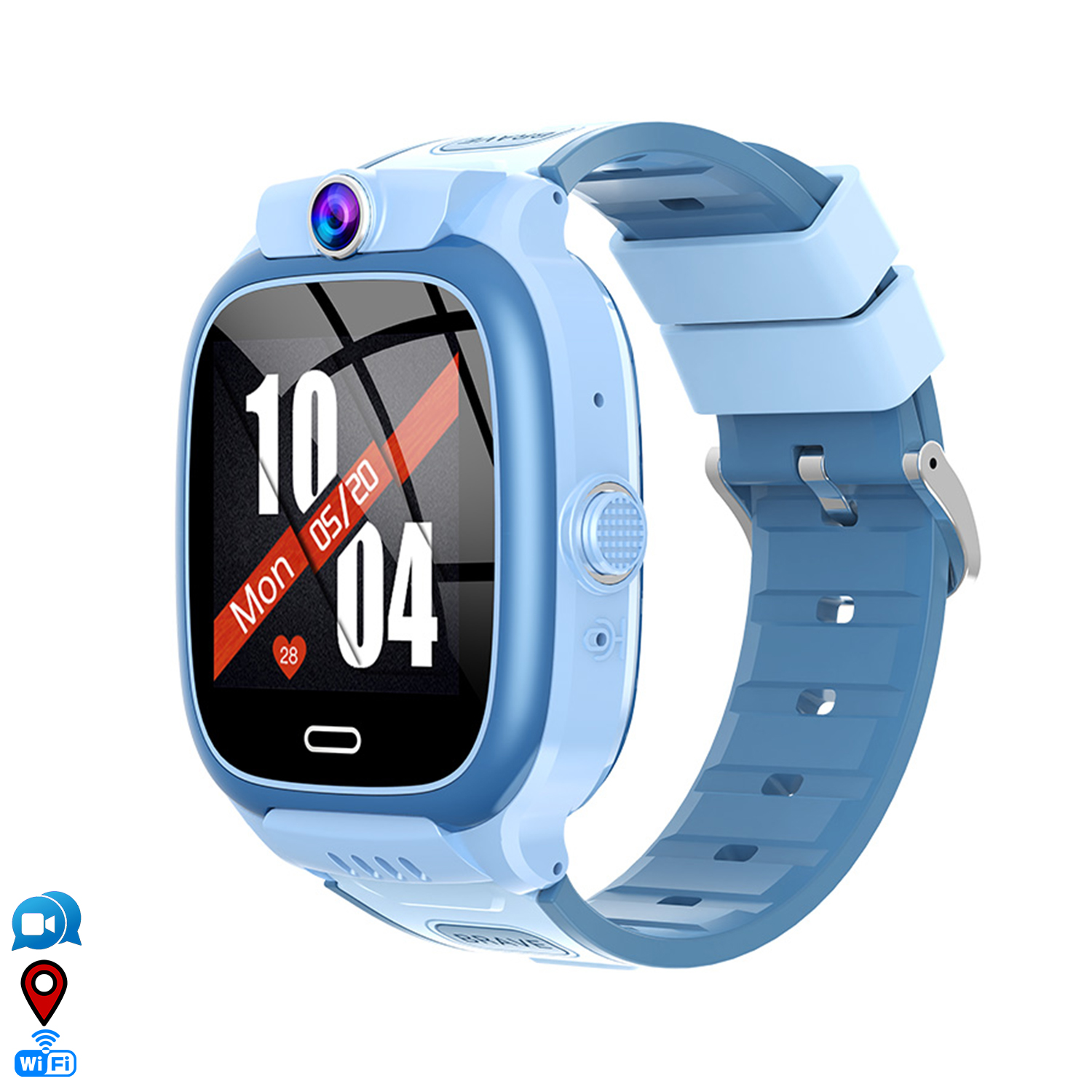 Uno smartwatch blu con fotocamera e data 05/20.