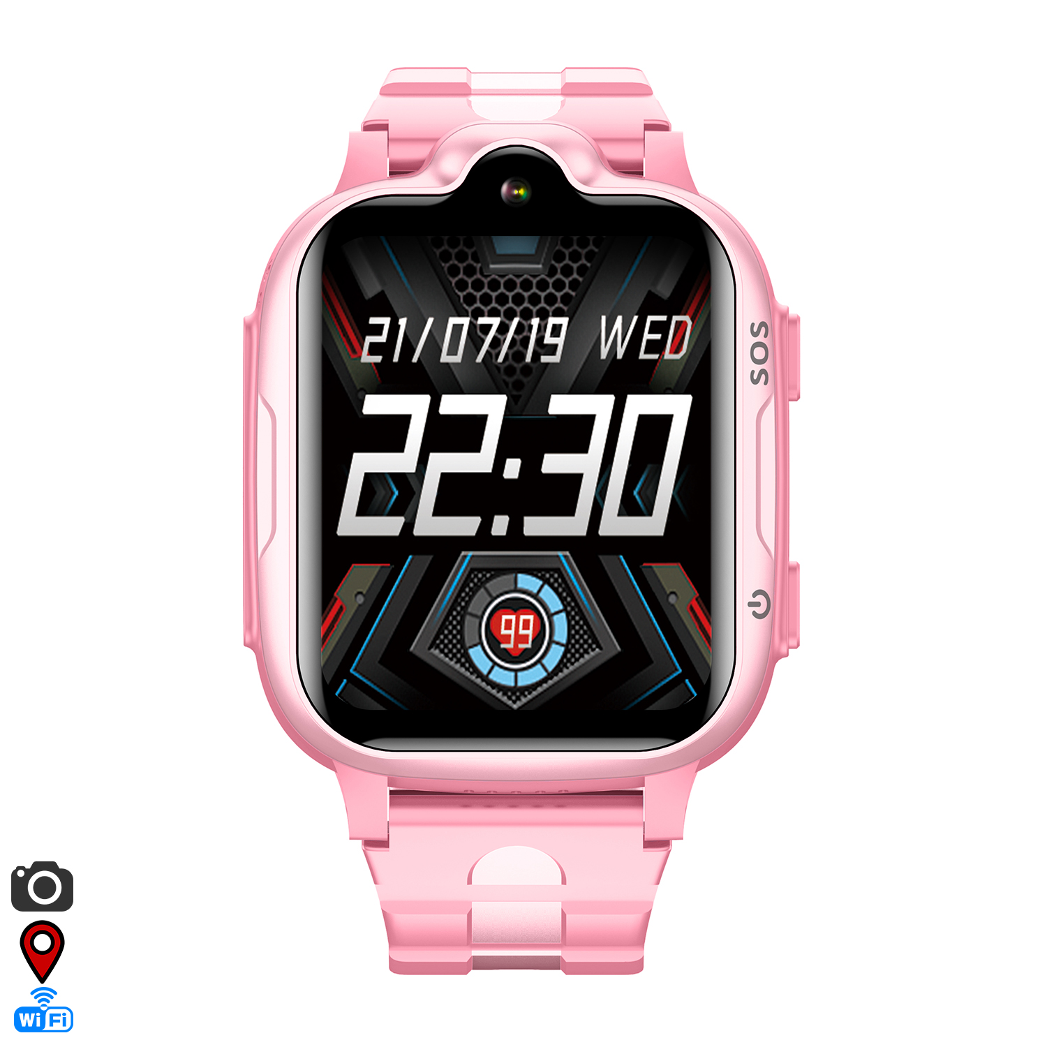 Uno smartwatch rosa con display digitale che mostra data, ora e frequenza cardiaca.