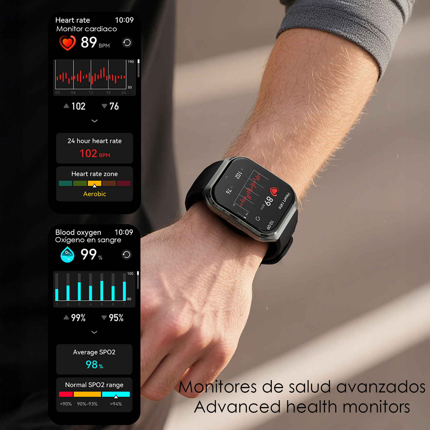 Smartwatch mostra frequenza cardiaca e ossigeno.