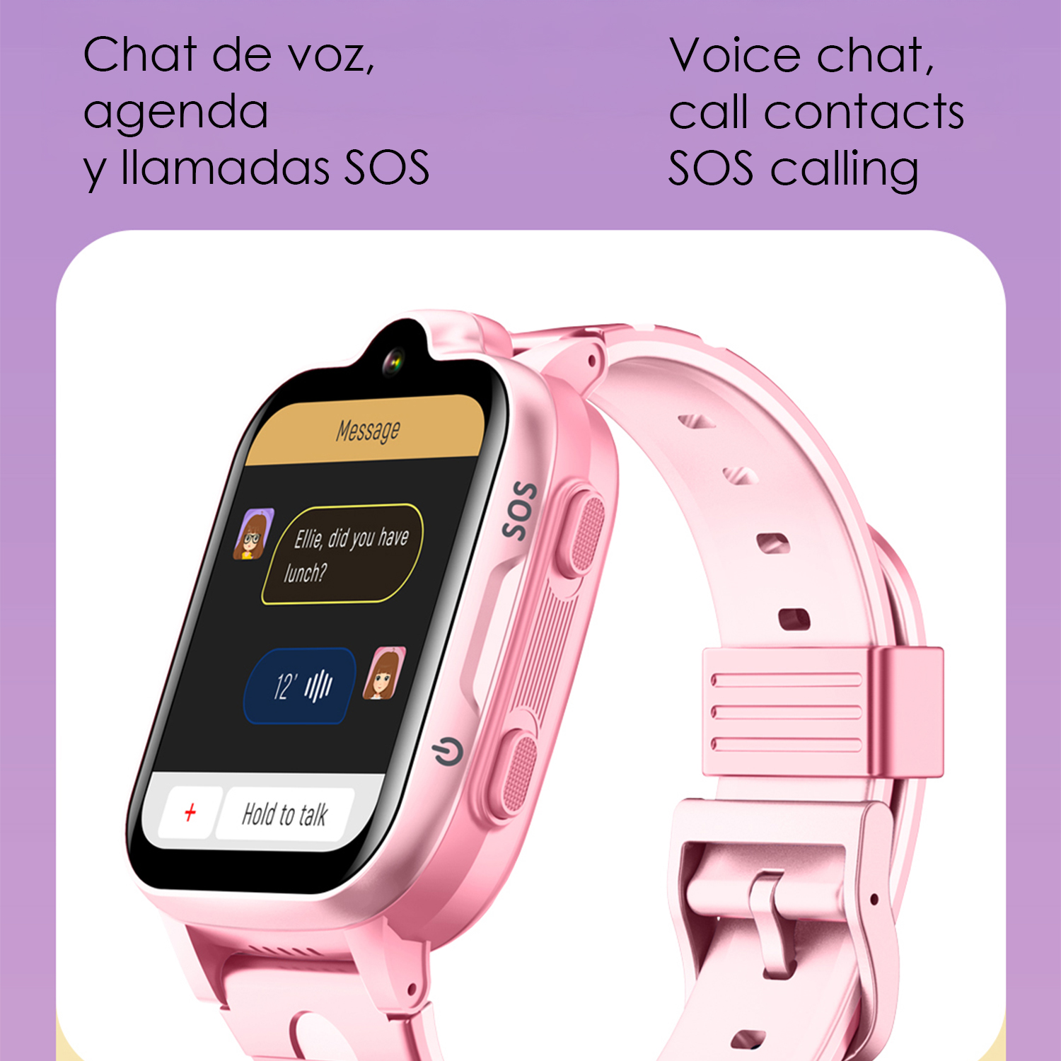 Uno smartwatch rosa che mostra un messaggio e la funzione SOS.