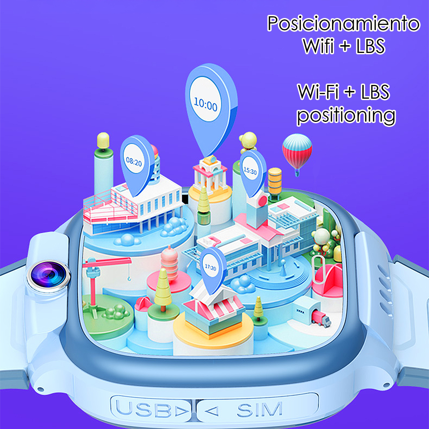 Uno smartwatch stilizzato che mostra una città in miniatura con pin.