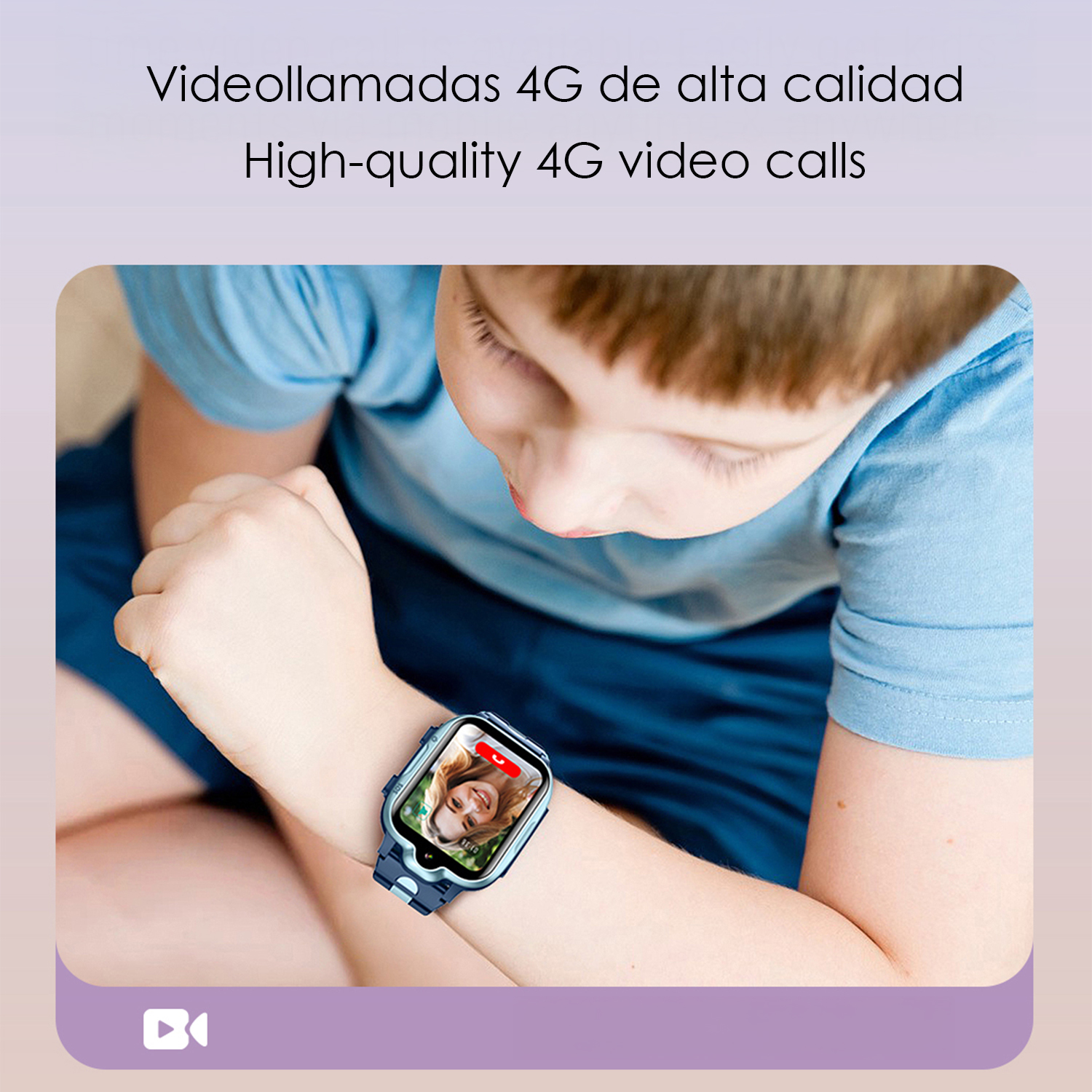 Ragazzo con smartwatch che mostra una videochiamata. Testo: Videochiamate 4G di alta qualità.