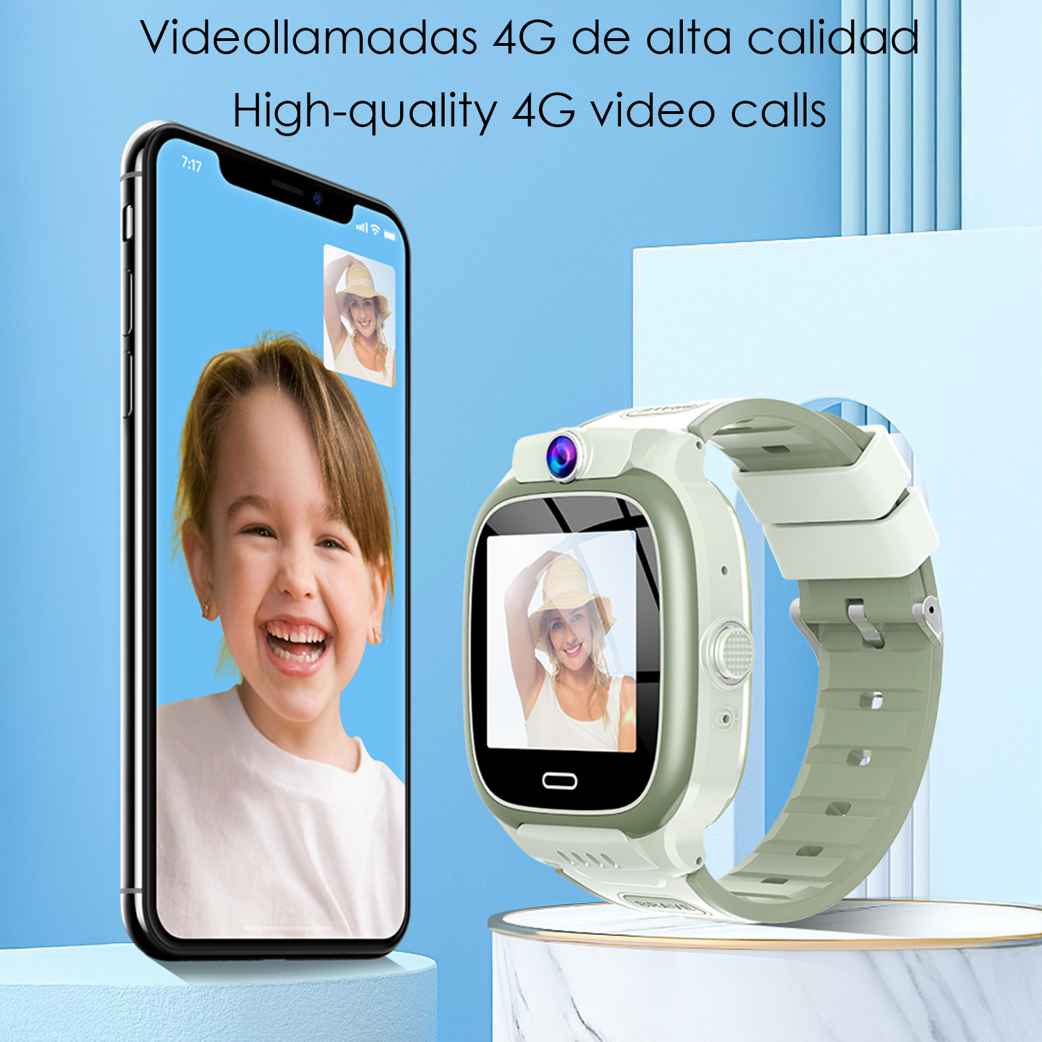 Uno smartphone mostra un bambino sorridente. Uno smartwatch accanto mostra una donna con cappello.