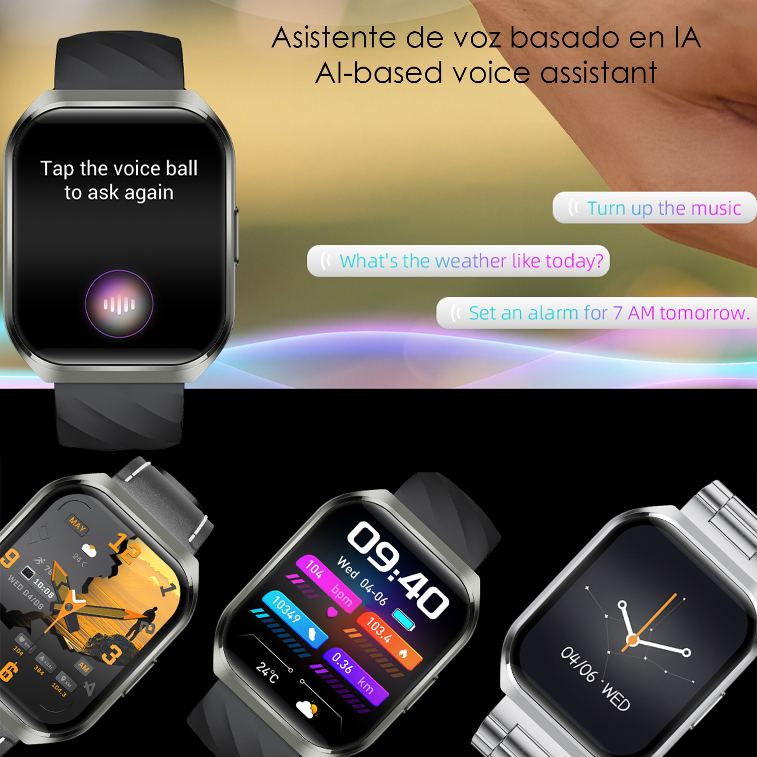 Display smartwatch mostra comandi vocali, tre altri orologi visibili.