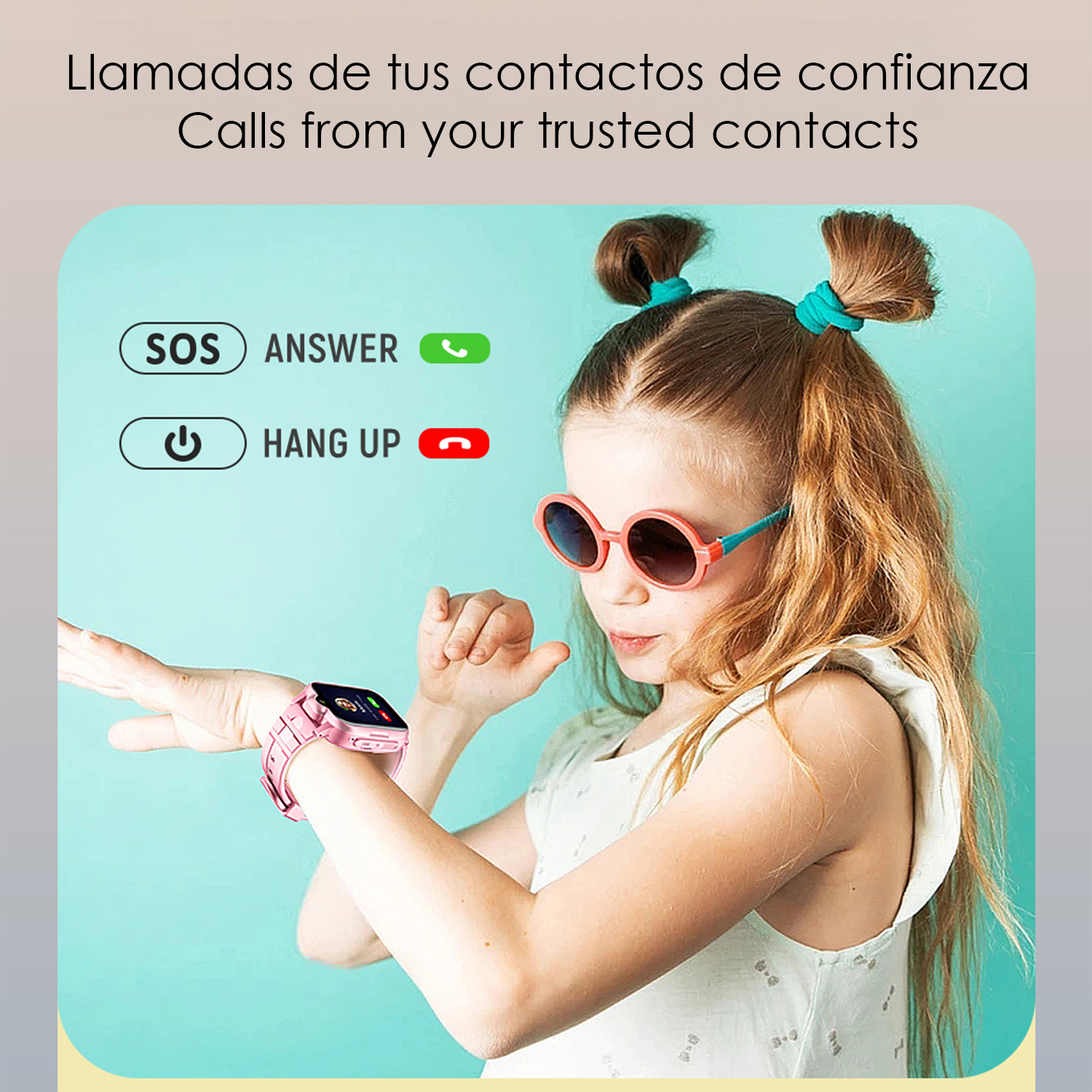 Bambina con smartwatch rosa tocca lo schermo. Icone SOS e chiamata visibili.