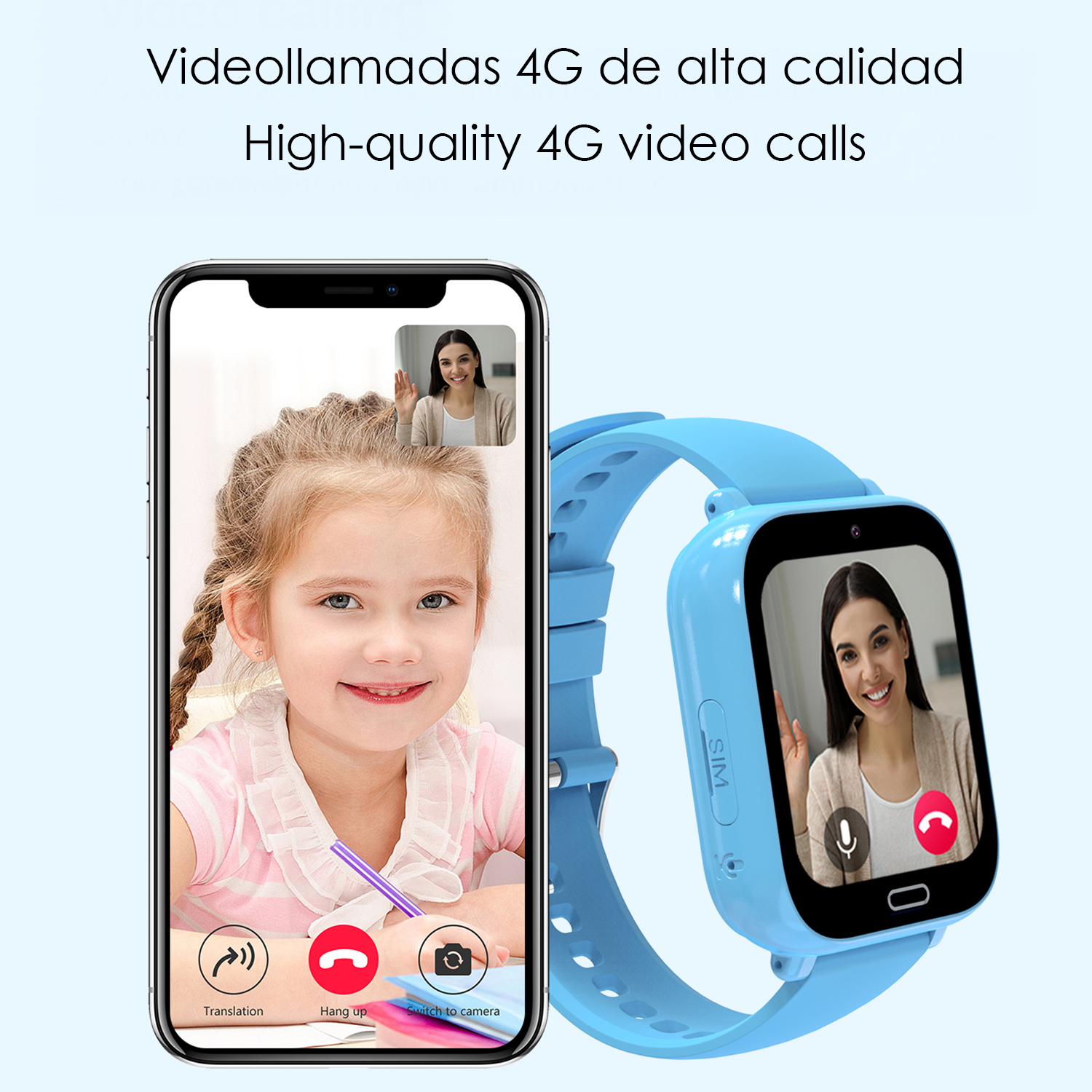 Uno smartphone e uno smartwatch blu mostrano videochiamate con bambini e donne.