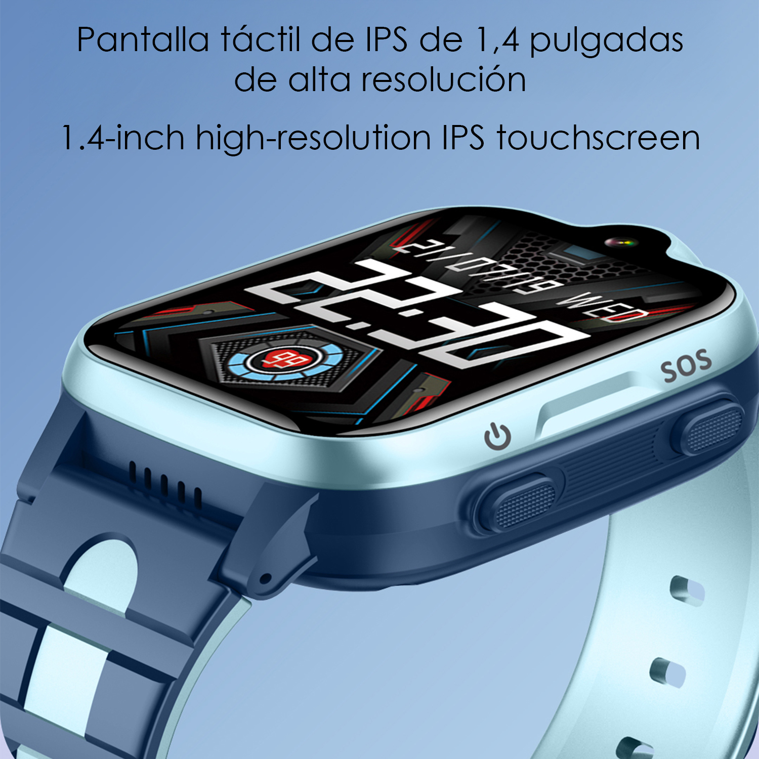 Uno smartwatch blu con touchscreen che mostra le 22:30. Pulsante SOS visibile.