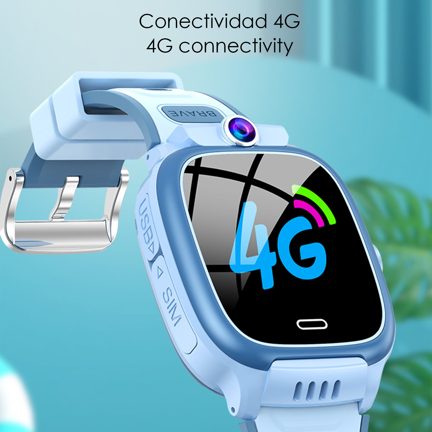 Uno smartwatch blu mostra '4G' sullo schermo, con fotocamera e porte USB/SIM.