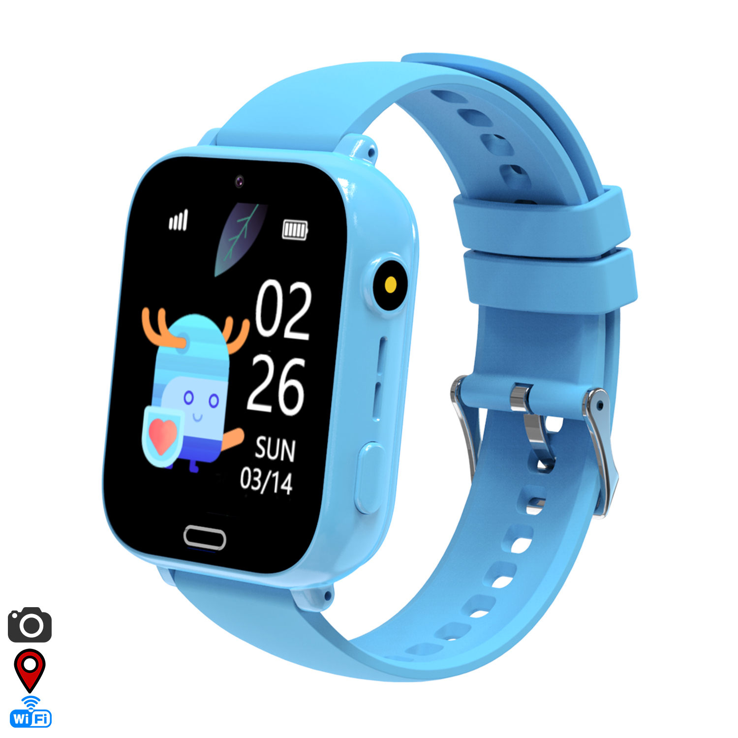 Orologio smart blu con viso da cartone animato, mostra ora e data.