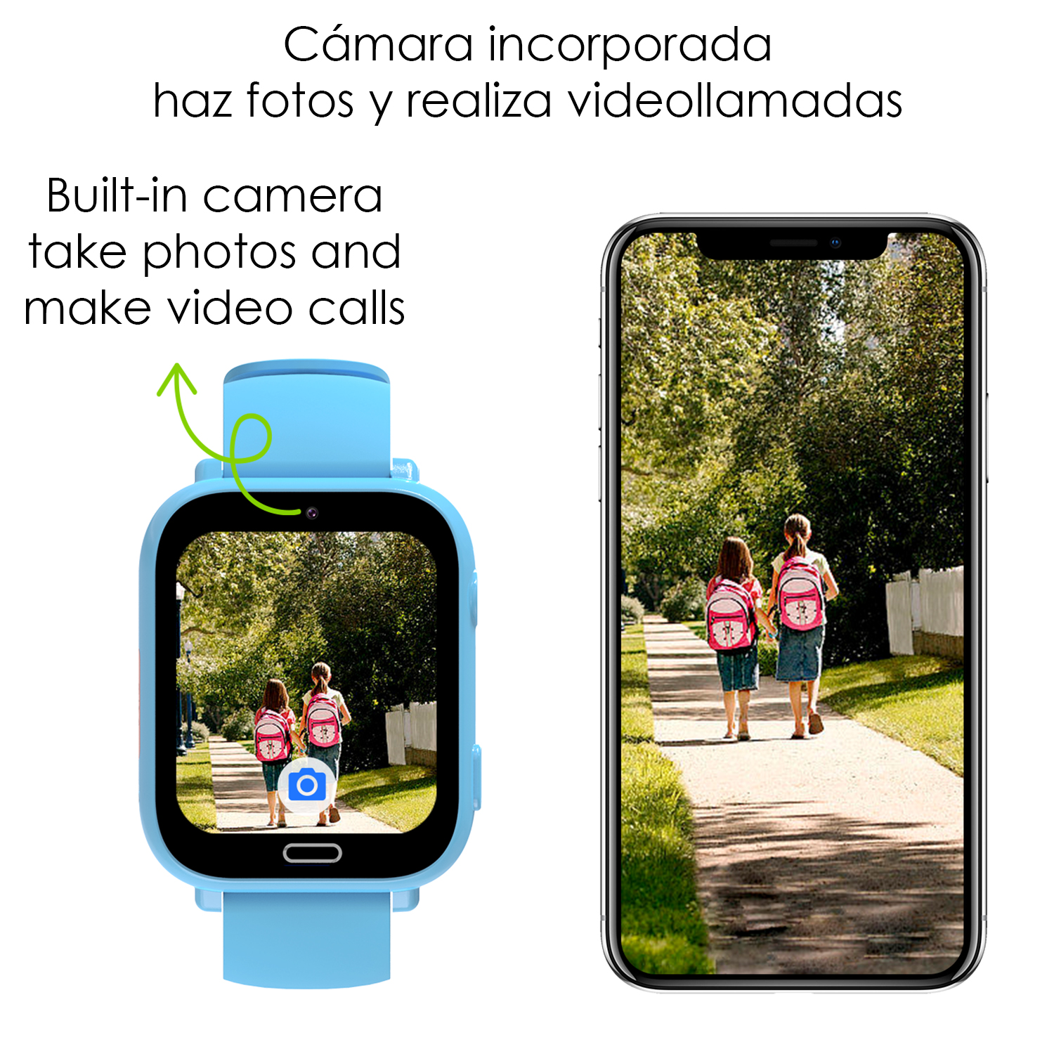 Orologio smartwatch blu mostra due bambine con zaini su un sentiero.