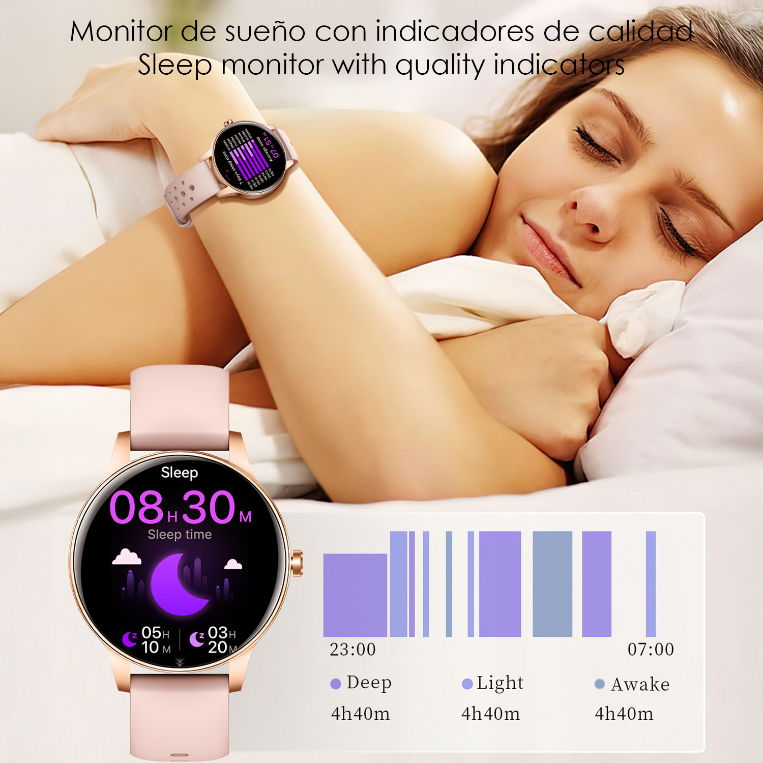 Una donna dorme indossando uno smartwatch rosa che mostra i dati del sonno.