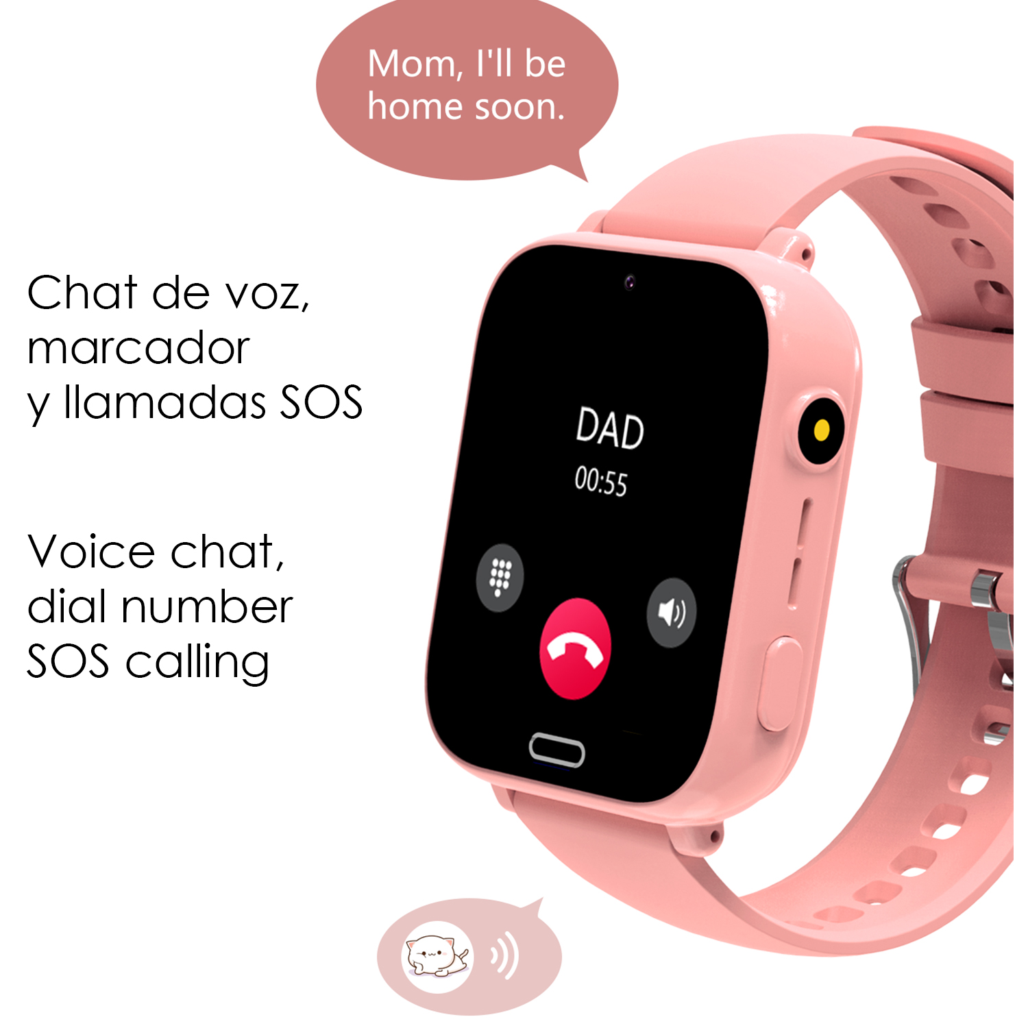 Uno smartwatch rosa mostra una chiamata da PAPÀ alle 00:55. Una nuvoletta dice: Mamma, torno presto a casa.