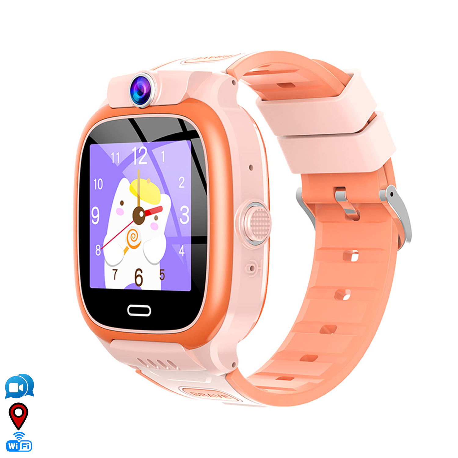 Uno smartwatch rosa per bambini con fotocamera e quadrante a cartoni.