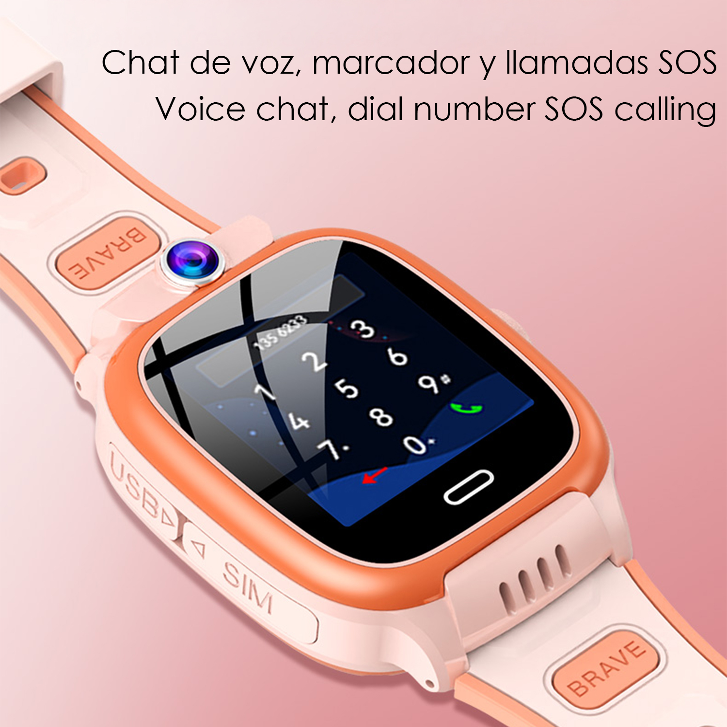 Uno smartwatch rosa con lunetta arancione mostra un tastierino numerico e una fotocamera.