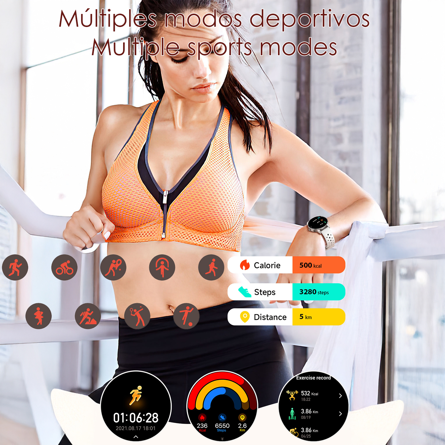 Donna con orologio sportivo che mostra calorie, passi e distanza.