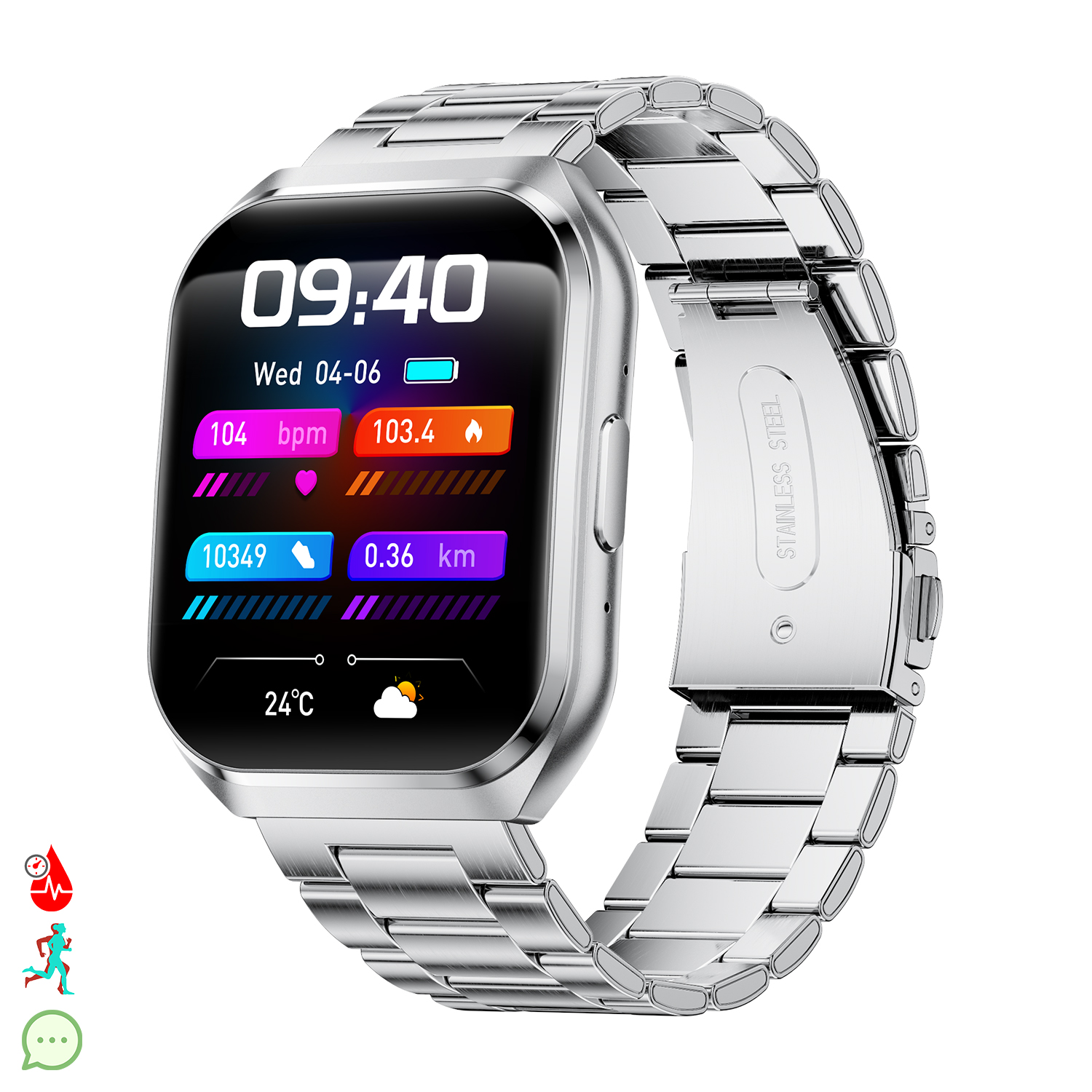 Smartwatch d'argento con cinturino in metallo mostra 09:40, 24°C, battito, passi e distanza.